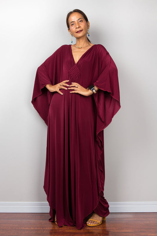 Burgundy red kaftan dress with plunging neckline.  Maroon red caftan