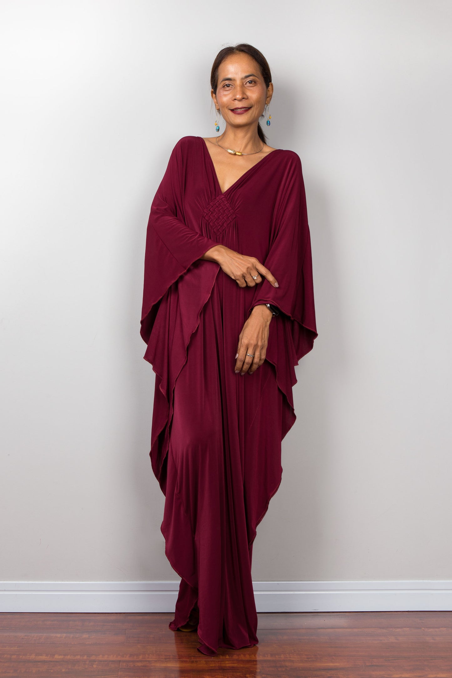 Long burgundy caftan with v neck line - front view