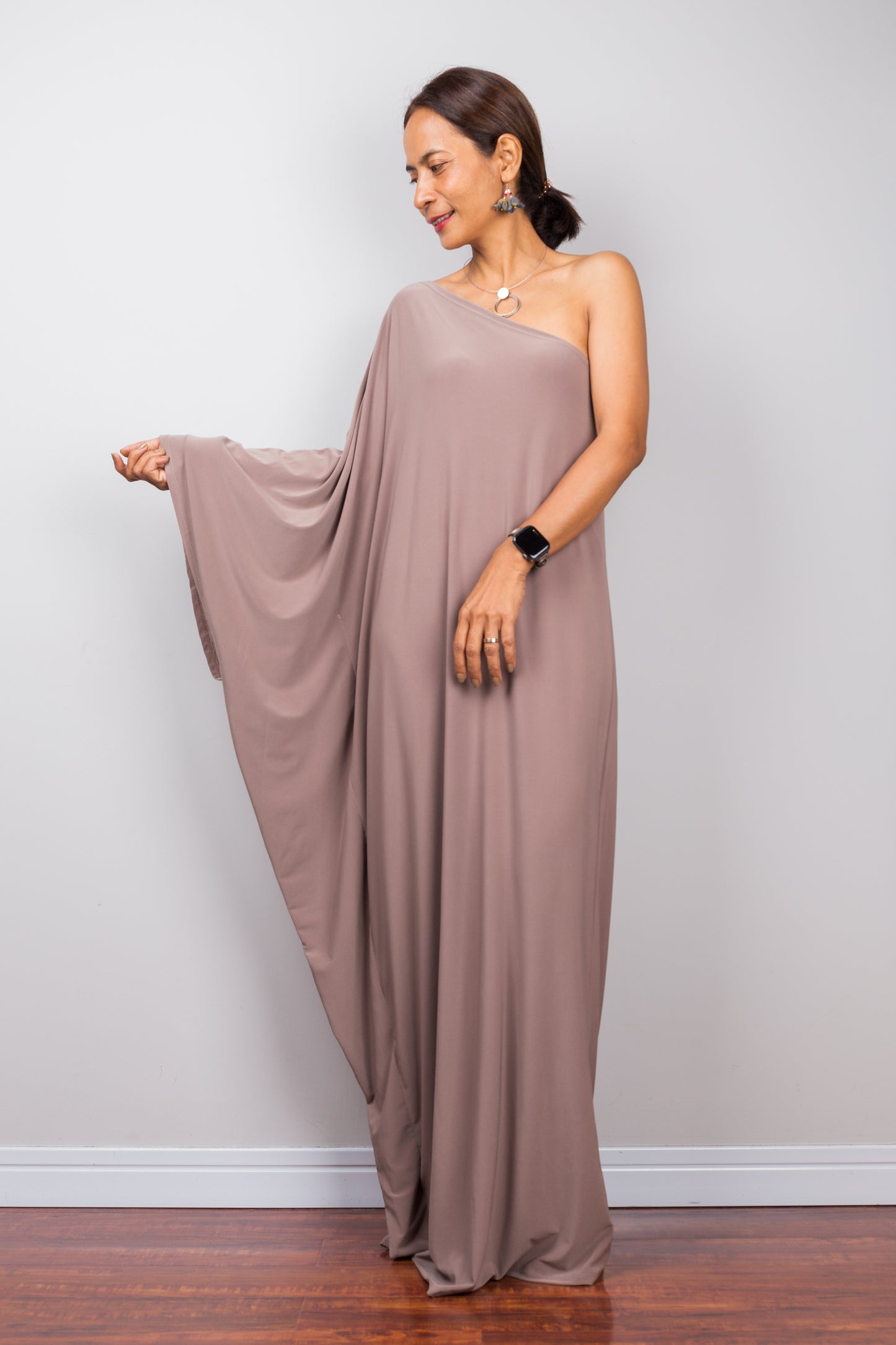 One shoulder dress by Nuichan.  Off the shoulder taupe evening dress