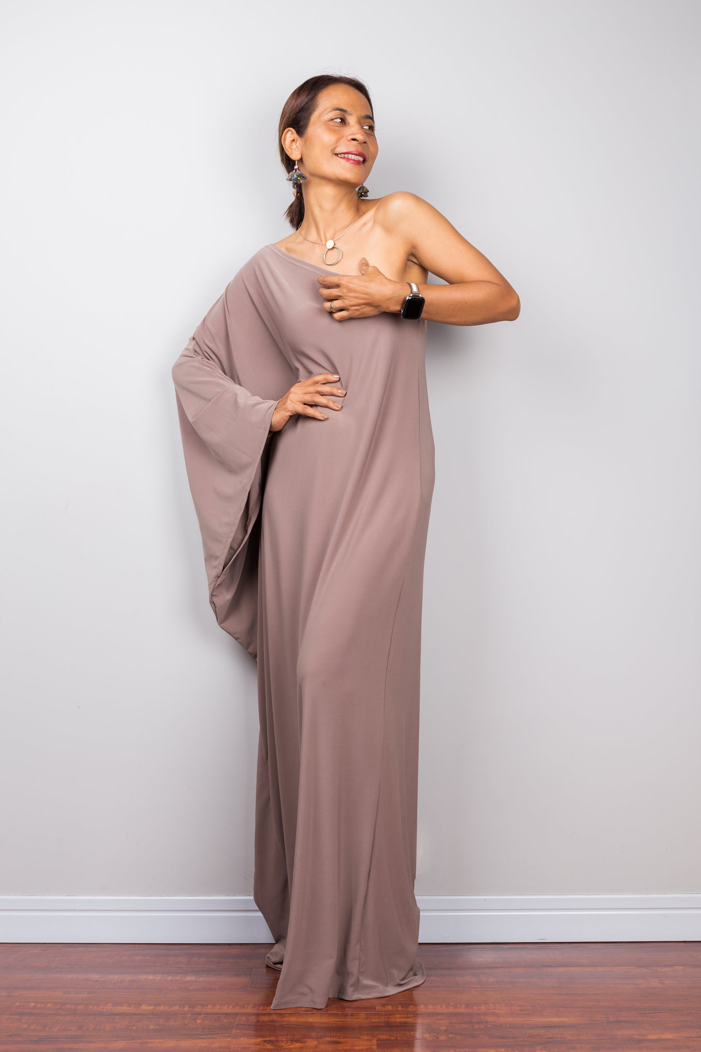 Taupe maxi dress.  Off the shoulder tube dress