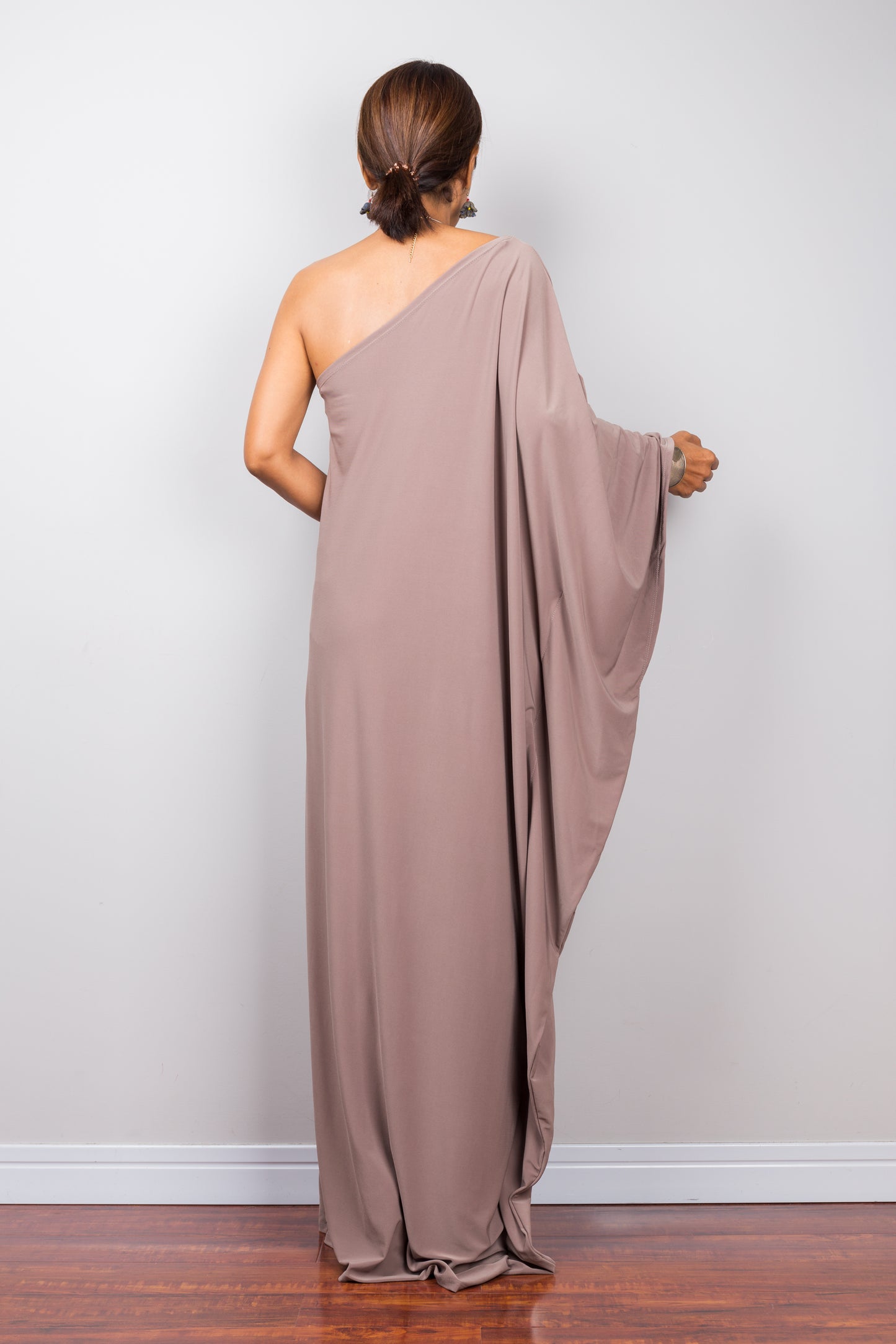 Taupe one shoulder dress.  Caftan tube dress by Nuichan