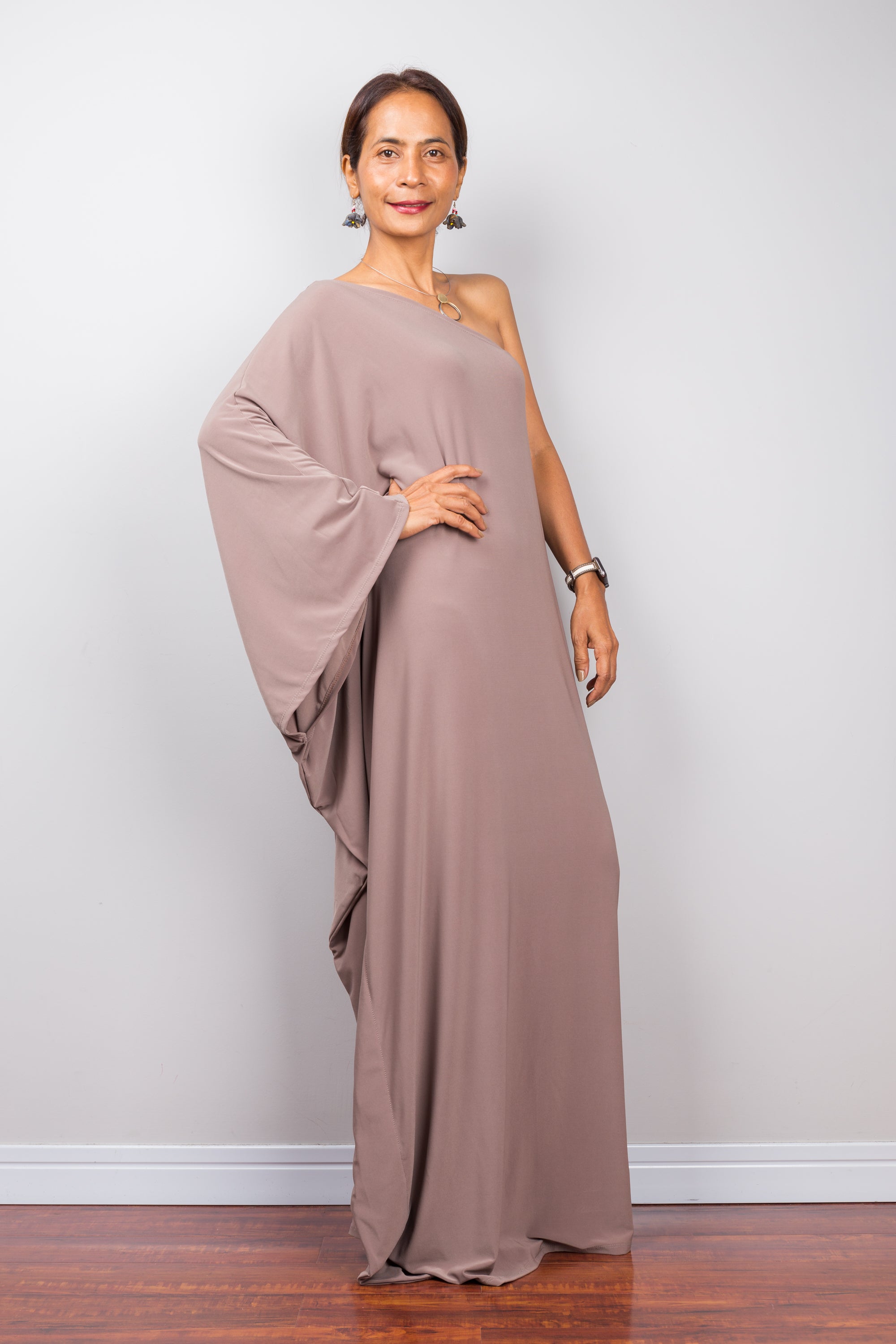 Nuichan Women's maxi dress in solid taupe. Off shoulder cocktail dress