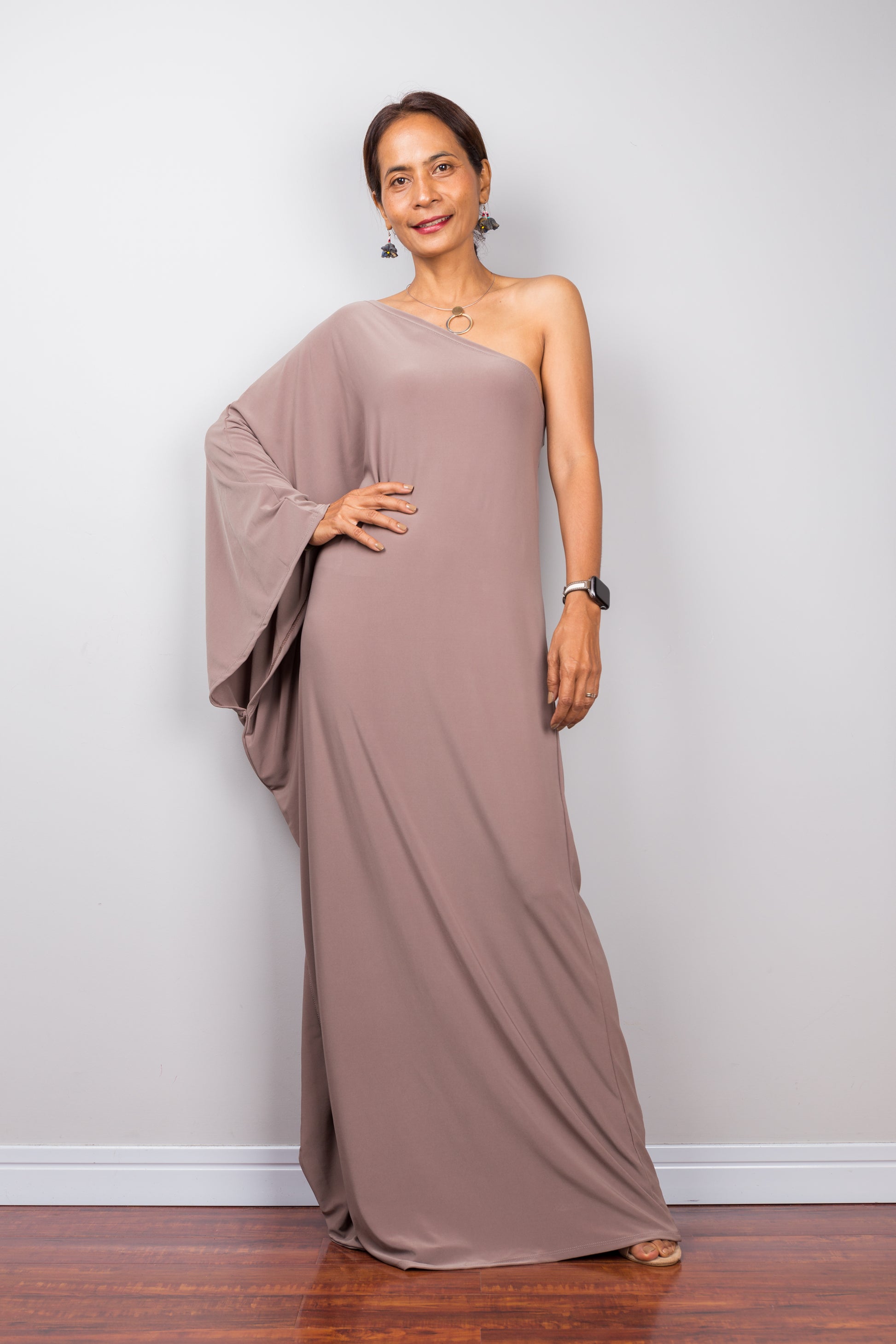 Off the shoulder taupe dress.  Wedding guest dress by Nuichan