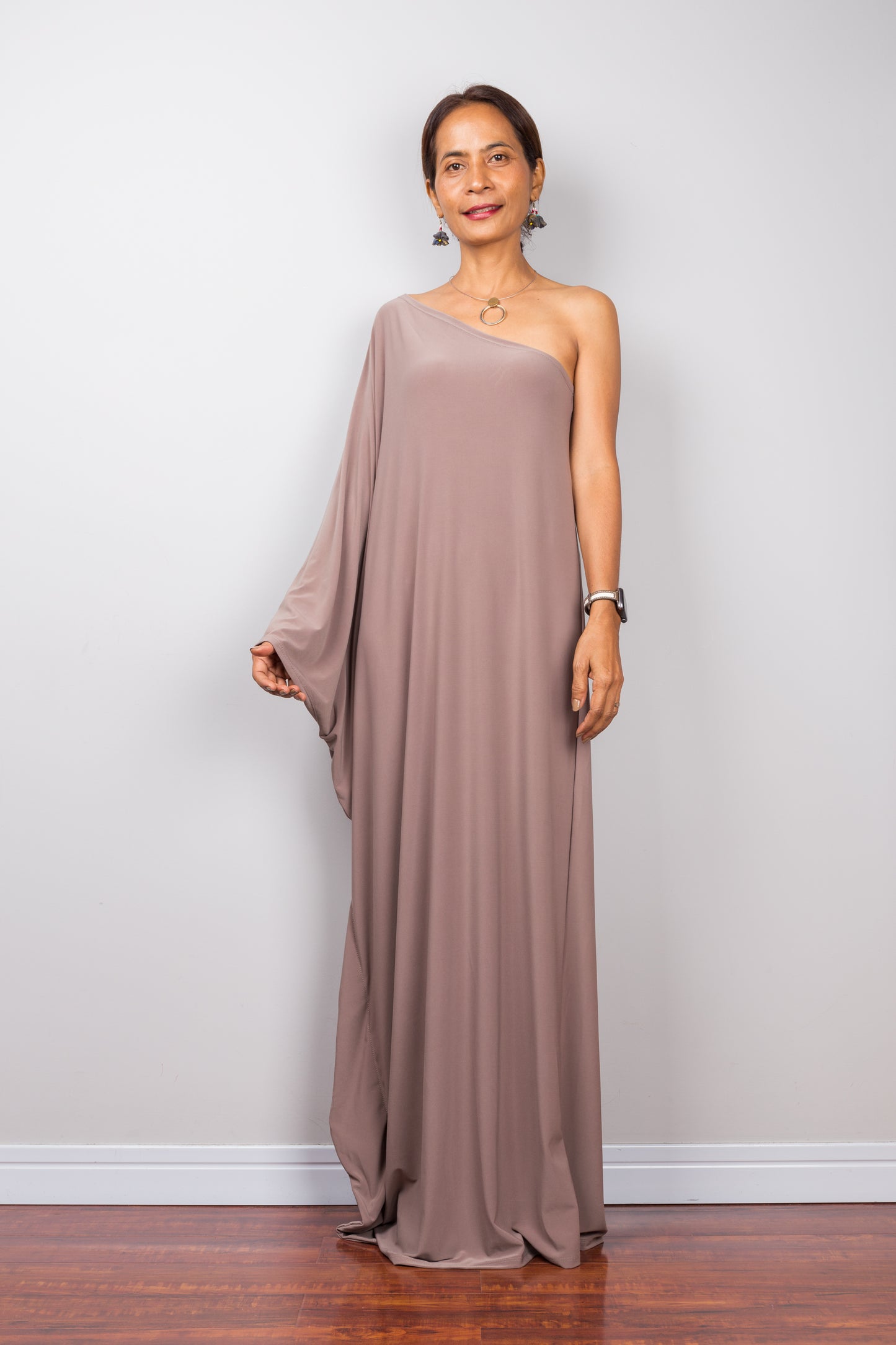 Taupe kaftan dress.  One shoulder evening dress by Nuichan