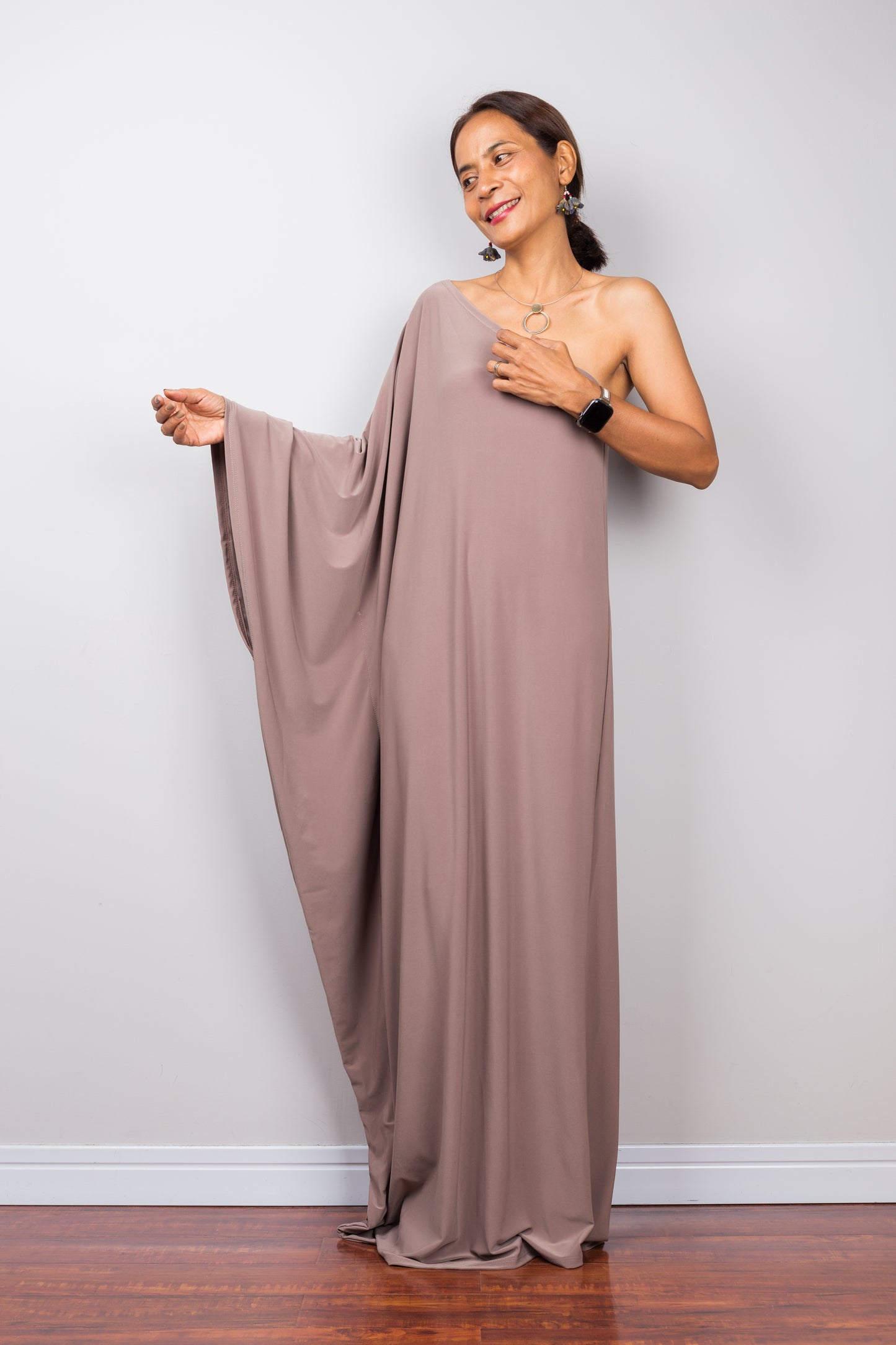 Taupe gala dress.  One shoulder kaftan dress by Nuichan