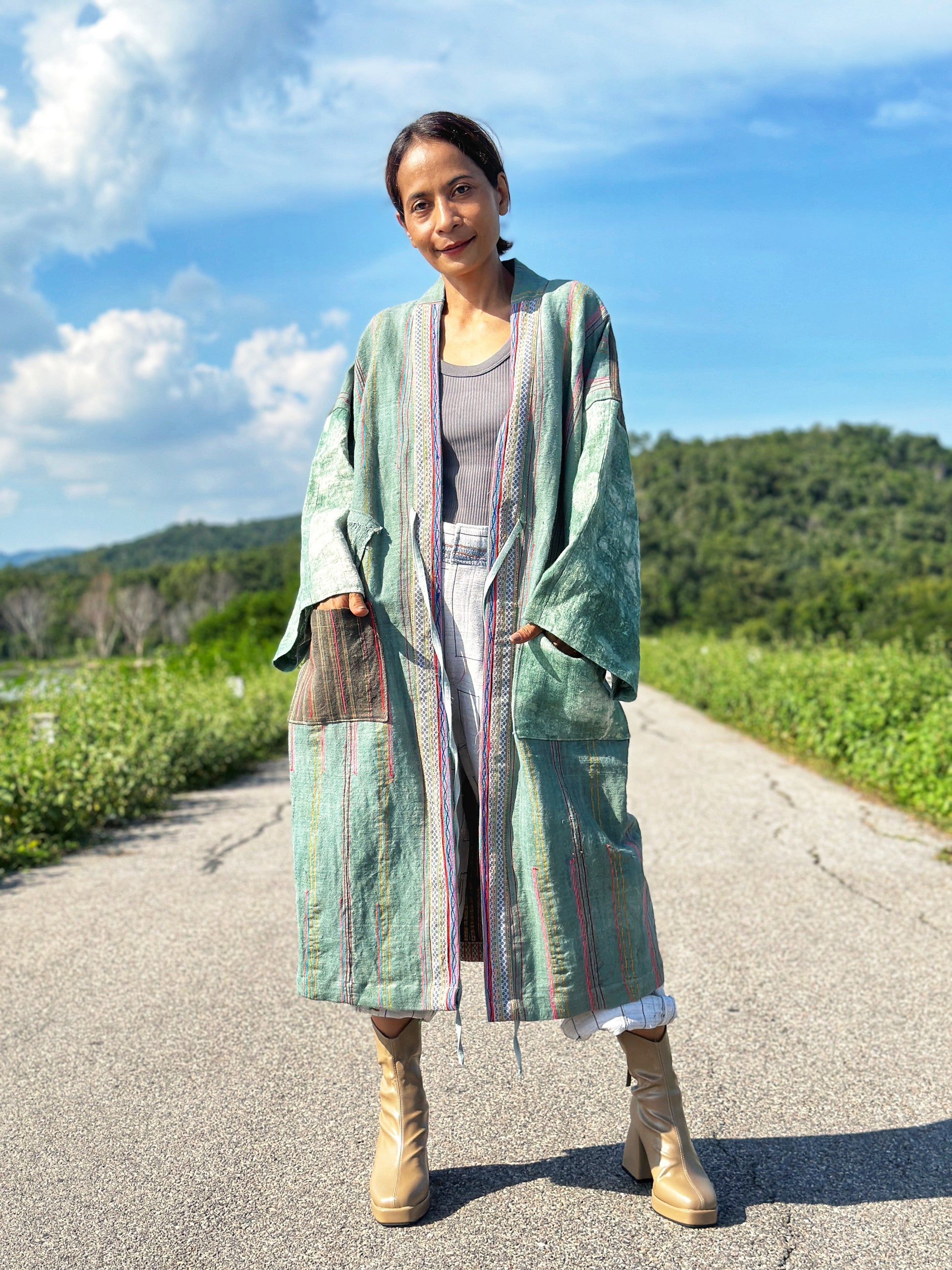 Green hemp coat with embroidery detail.  Patchwork open front cargidan