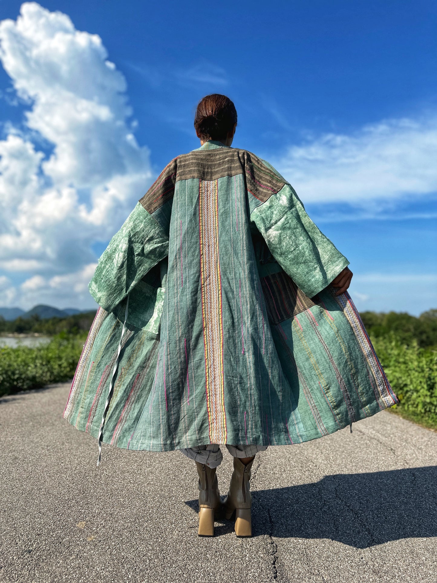 Green patchwork coat with embroidery. Back view 