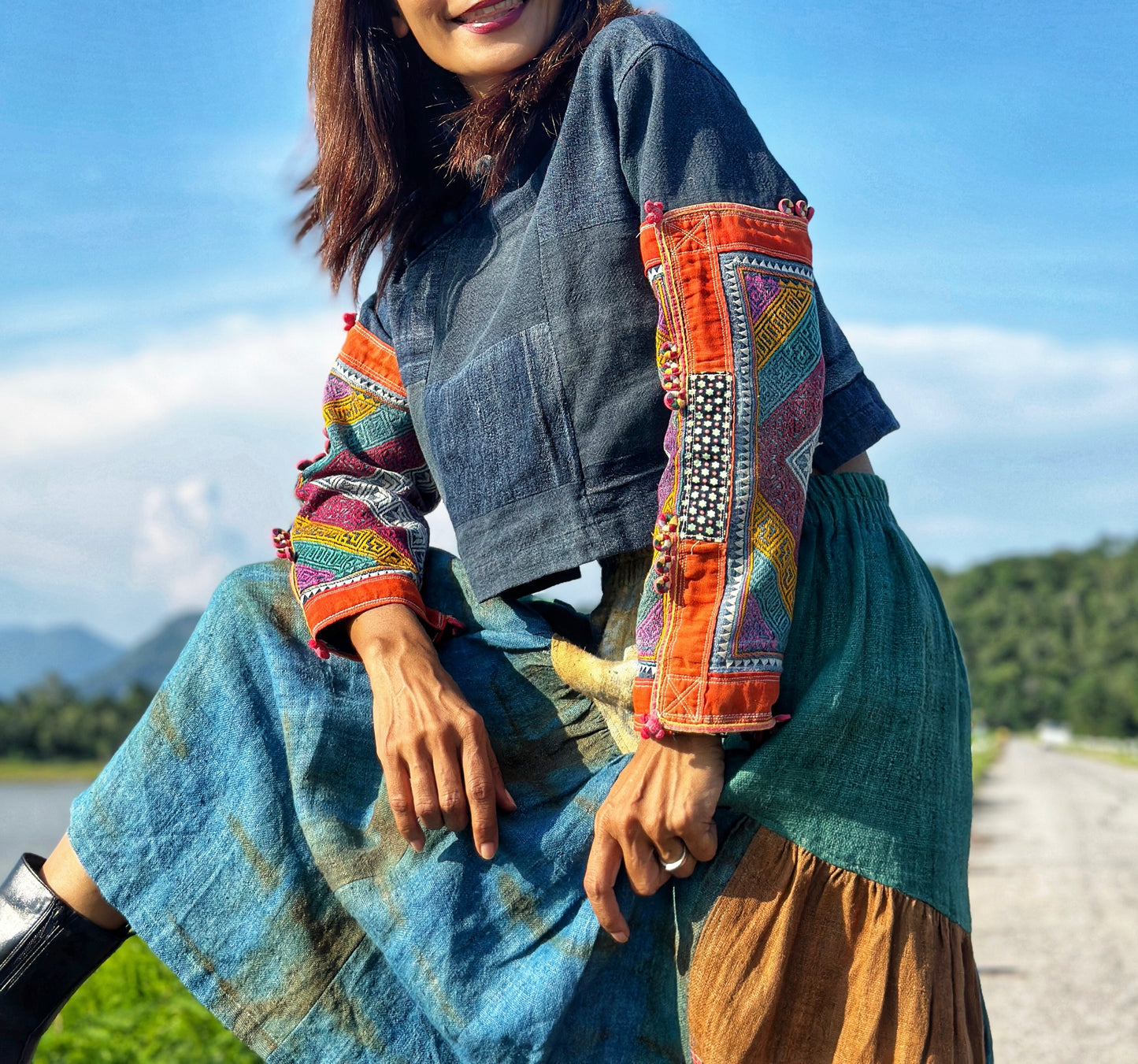 Patchwork crop top with long sleeve.  Hill tribe tunic top by Nuichan