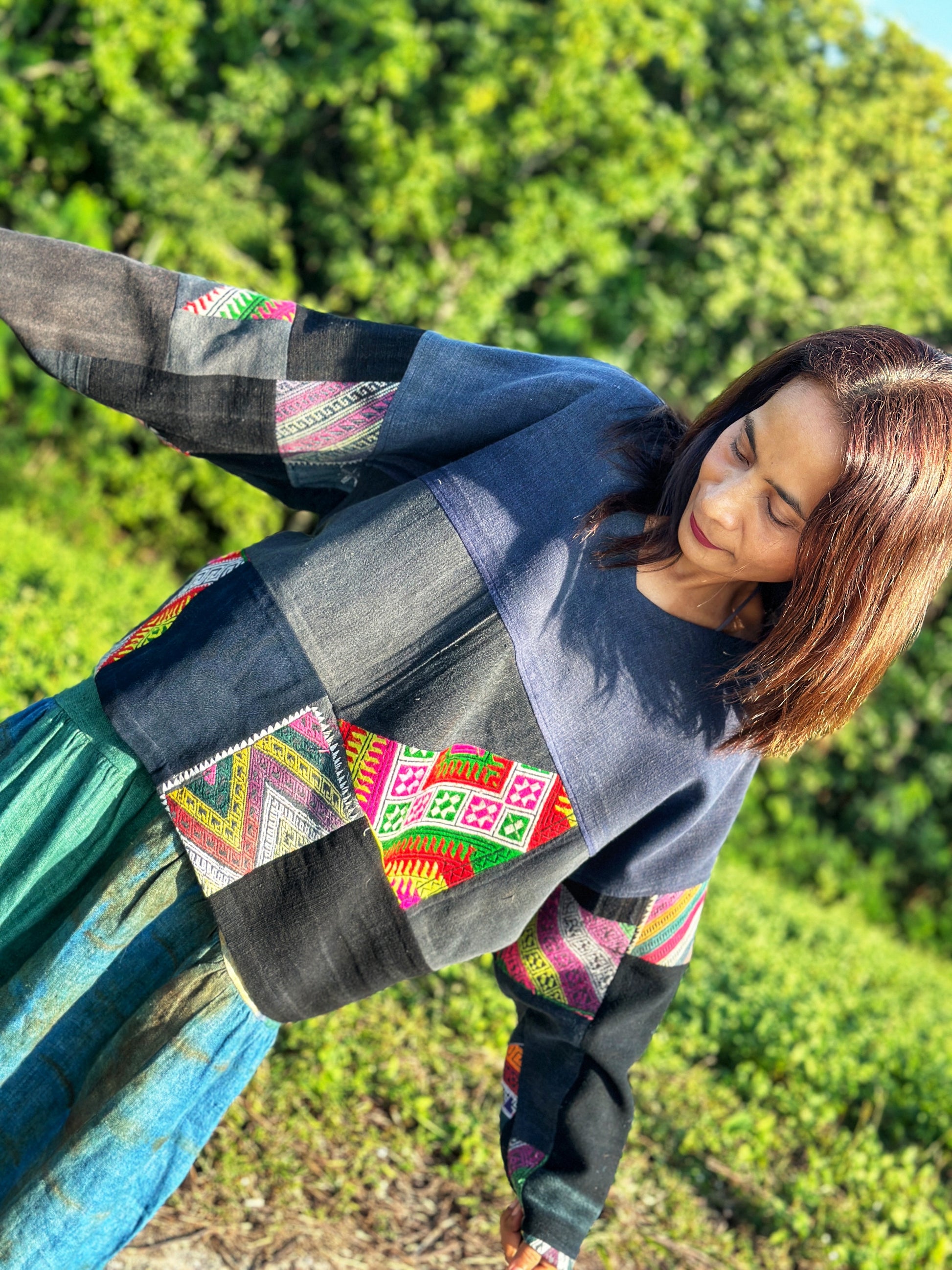 Patchwork Pullover Sweater, hill tribe fabric design by Nuichan