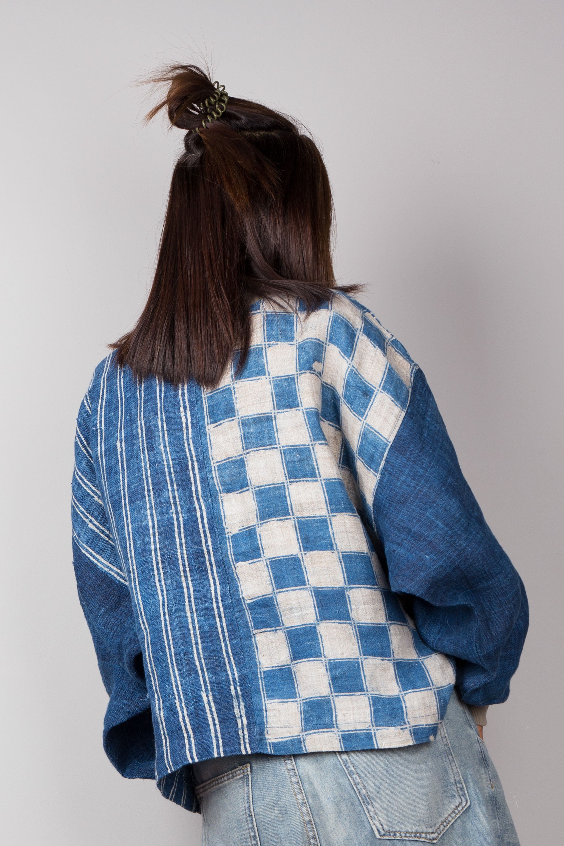 Indigo blue pullover sweater made from handwoven hemp. Crew neck and long sleeves. Back view.