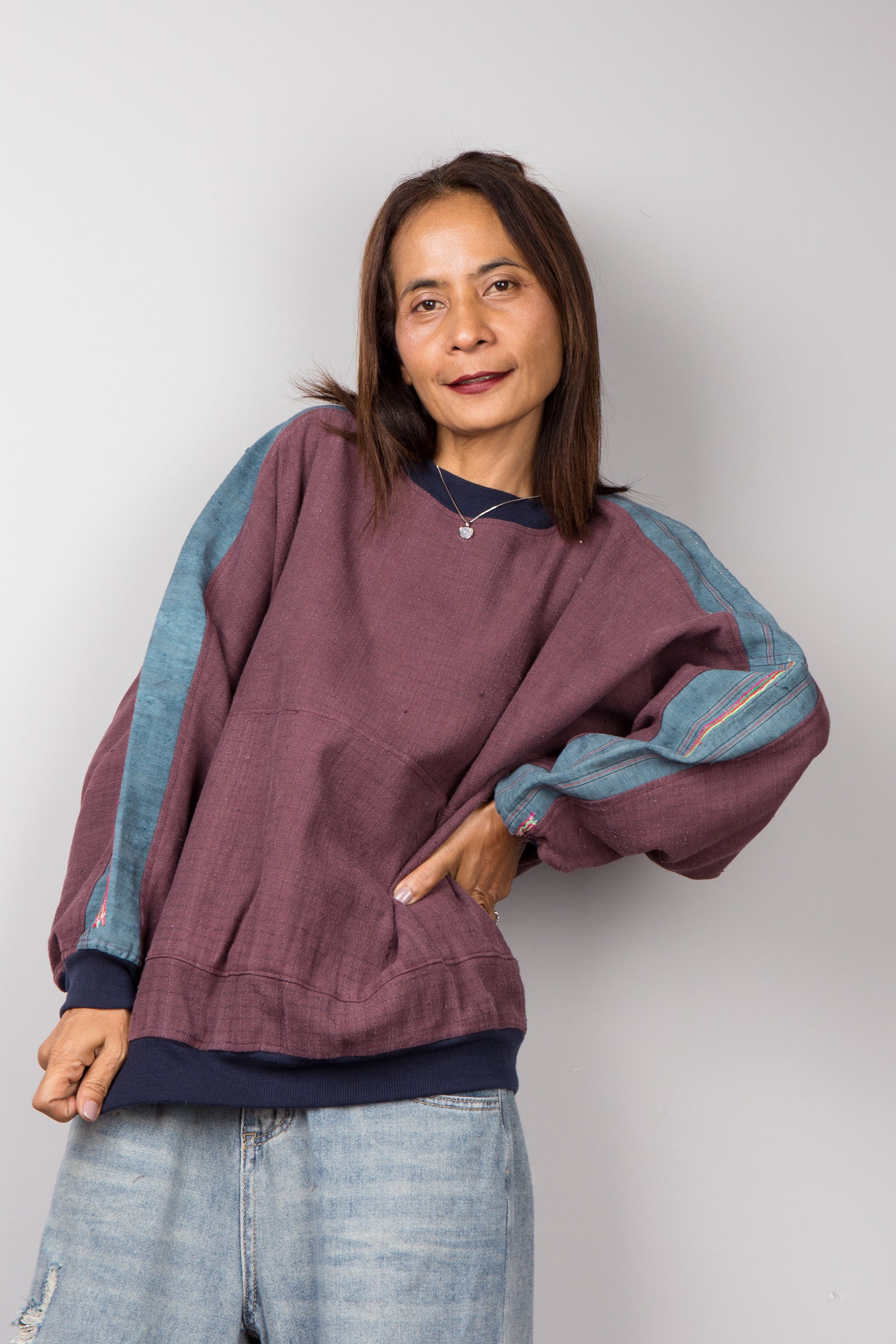 Dark purple sweater with crew neck.  Handwoven organic hemp pullover by Nuichan