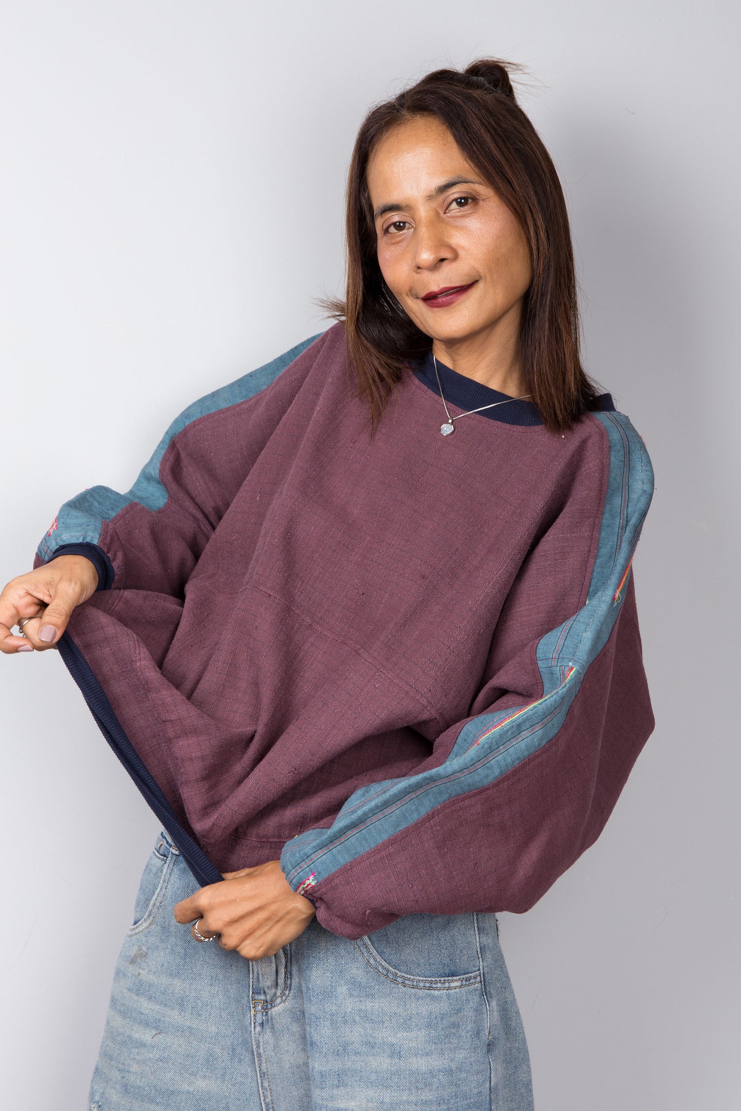 Maroon purple and blue sweater with crew neck.  Handwoven hemp pullover by Nuichan