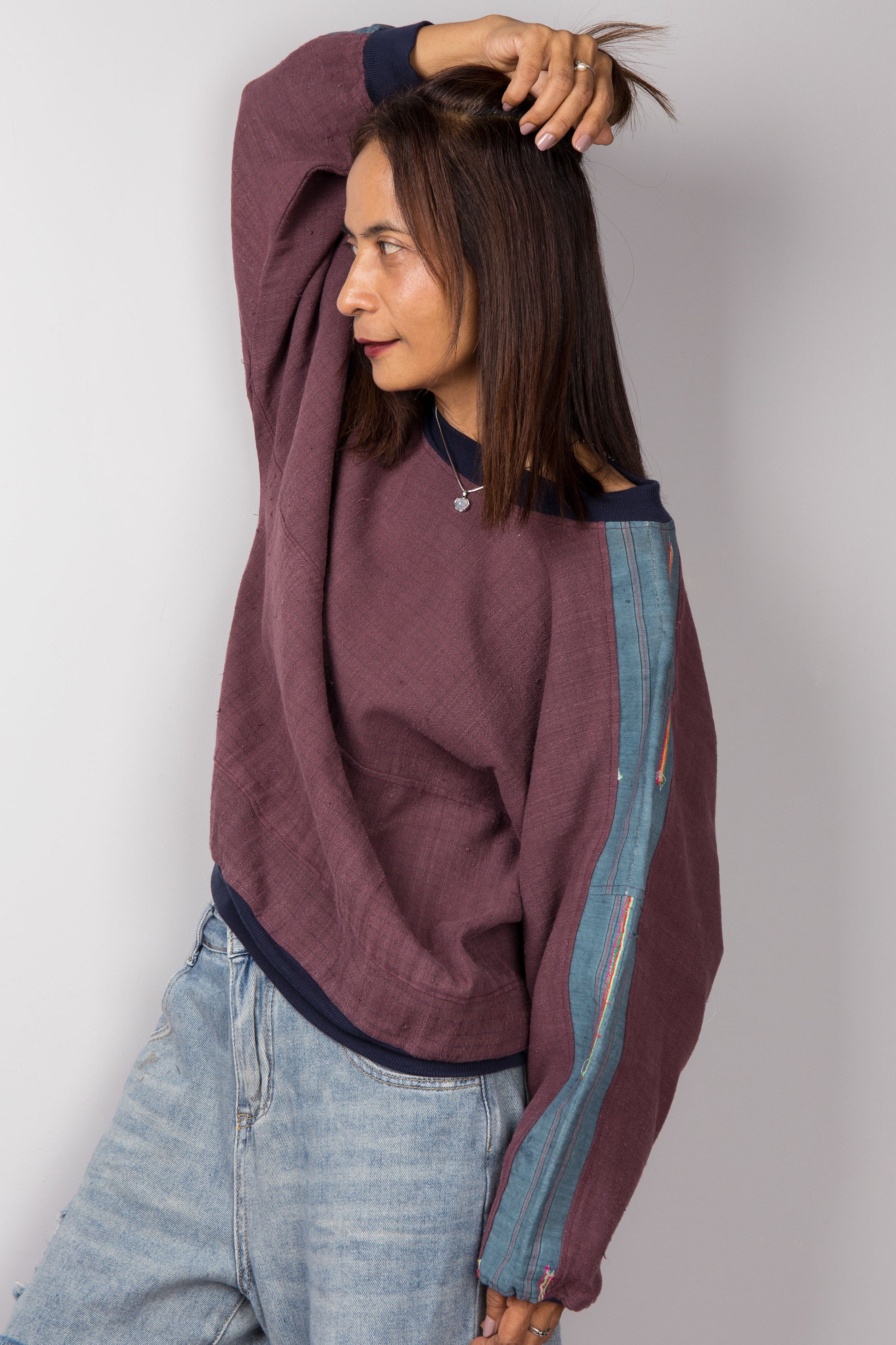 Dark Purple sweater with crew neck.  Handwoven hemp pullover by Nuichan