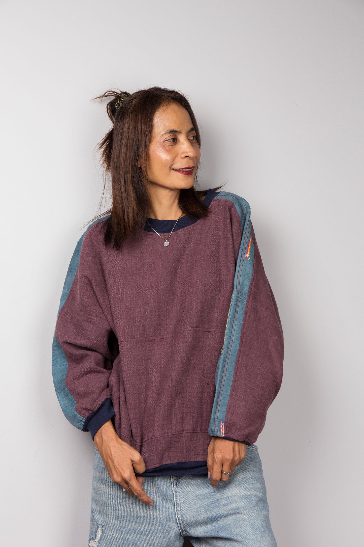 Maroon purple sweater with crew neck.  Handwoven hemp pullover by Nuichan