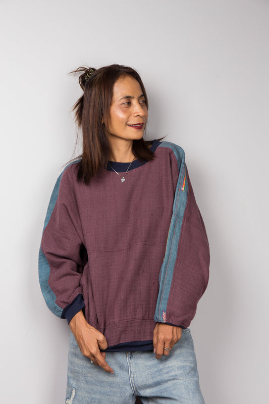 Maroon purple sweater with crew neck.  Handwoven hemp pullover by Nuichan