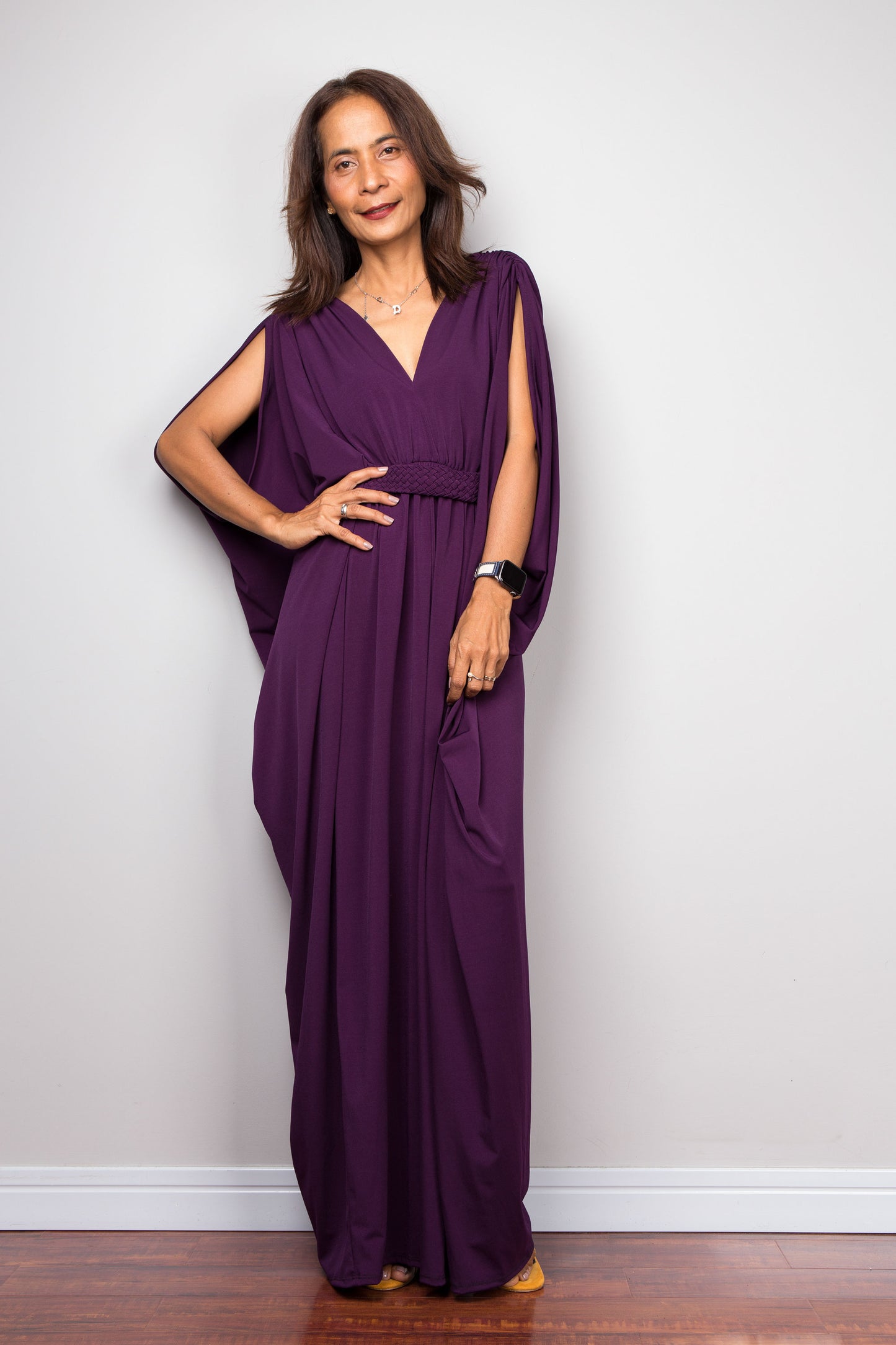 Purple maxi kaftan dress with v neck and braided waist band detail. relaxed fit design