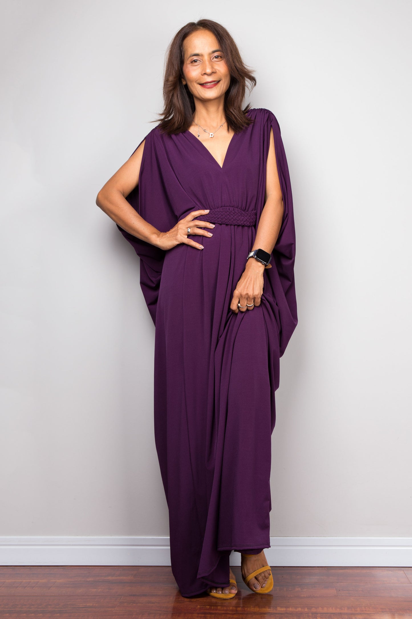 Purple maxi kaftan dress with v neck and braided waist band detail. Front view - Dark purple caftan