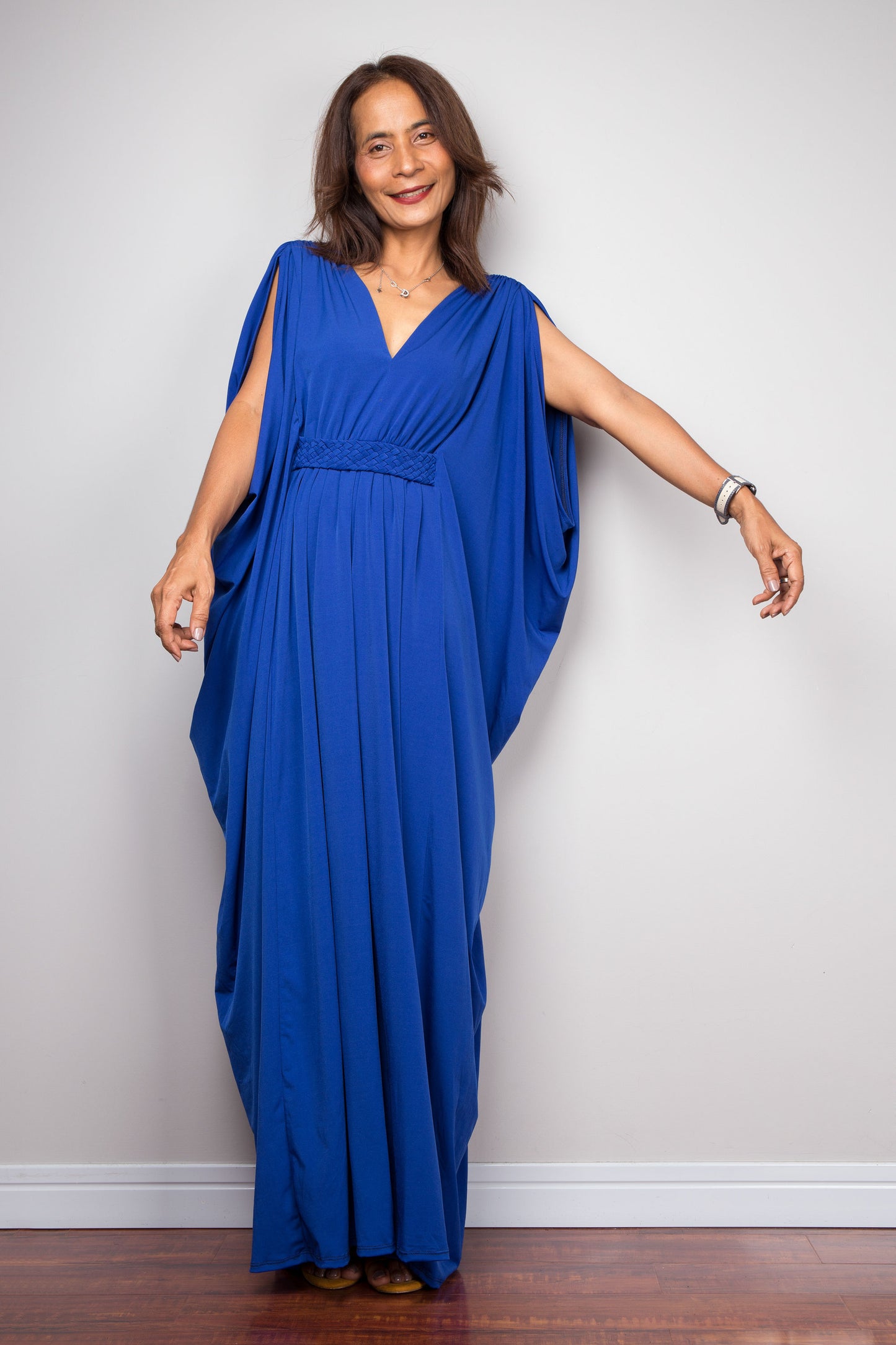 Royal blue kaftan dress with braided waist detail. V neck and batwing sleeve design. Blue Goddess dress by Nuichan