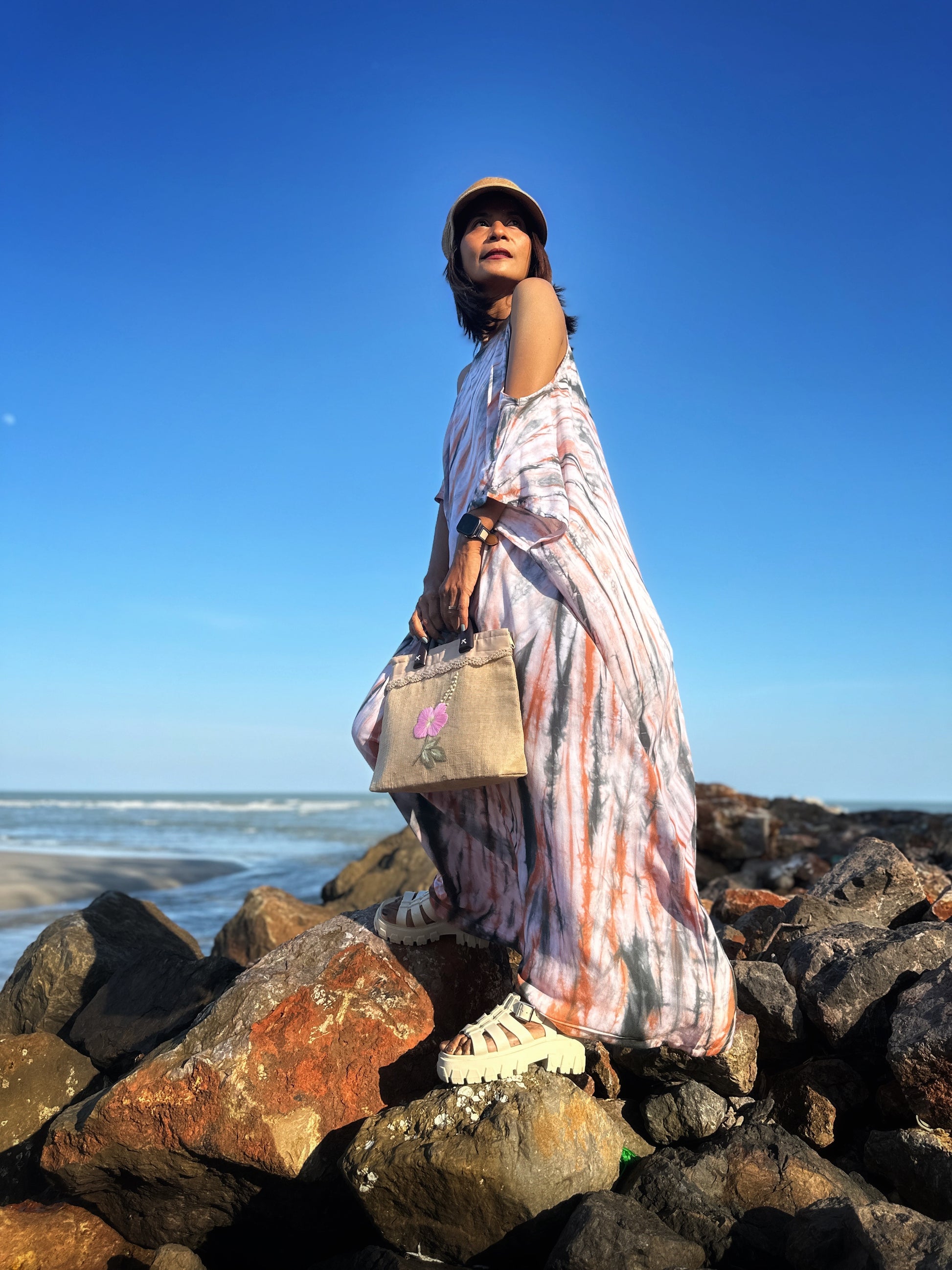 Tie dye kaftan dress with earth tones.  Unique, shibori dress by Nuichan