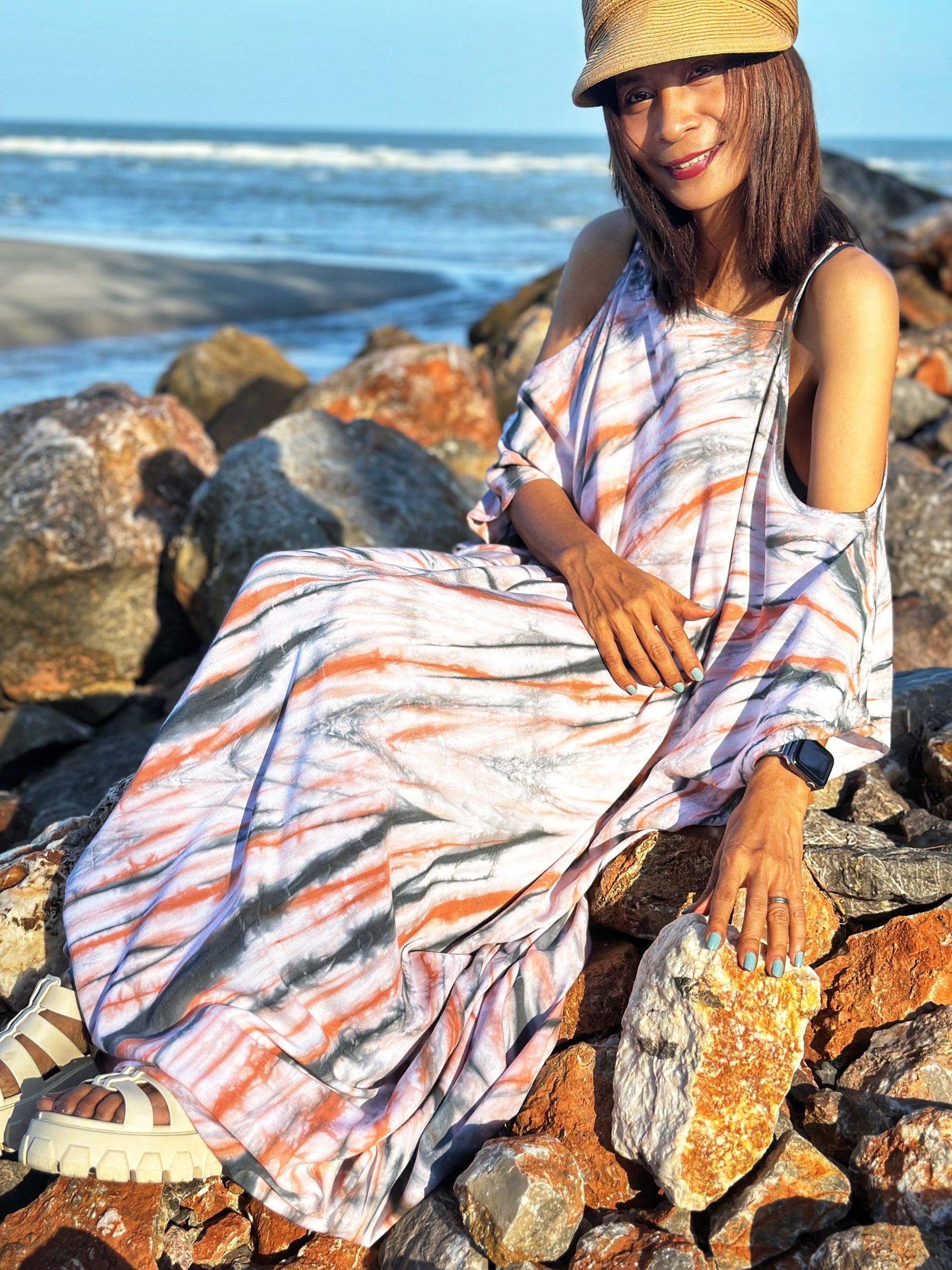 Shibori Tie dye kaftan dress with earth tones.  Unique, caftan dress by Nuichan