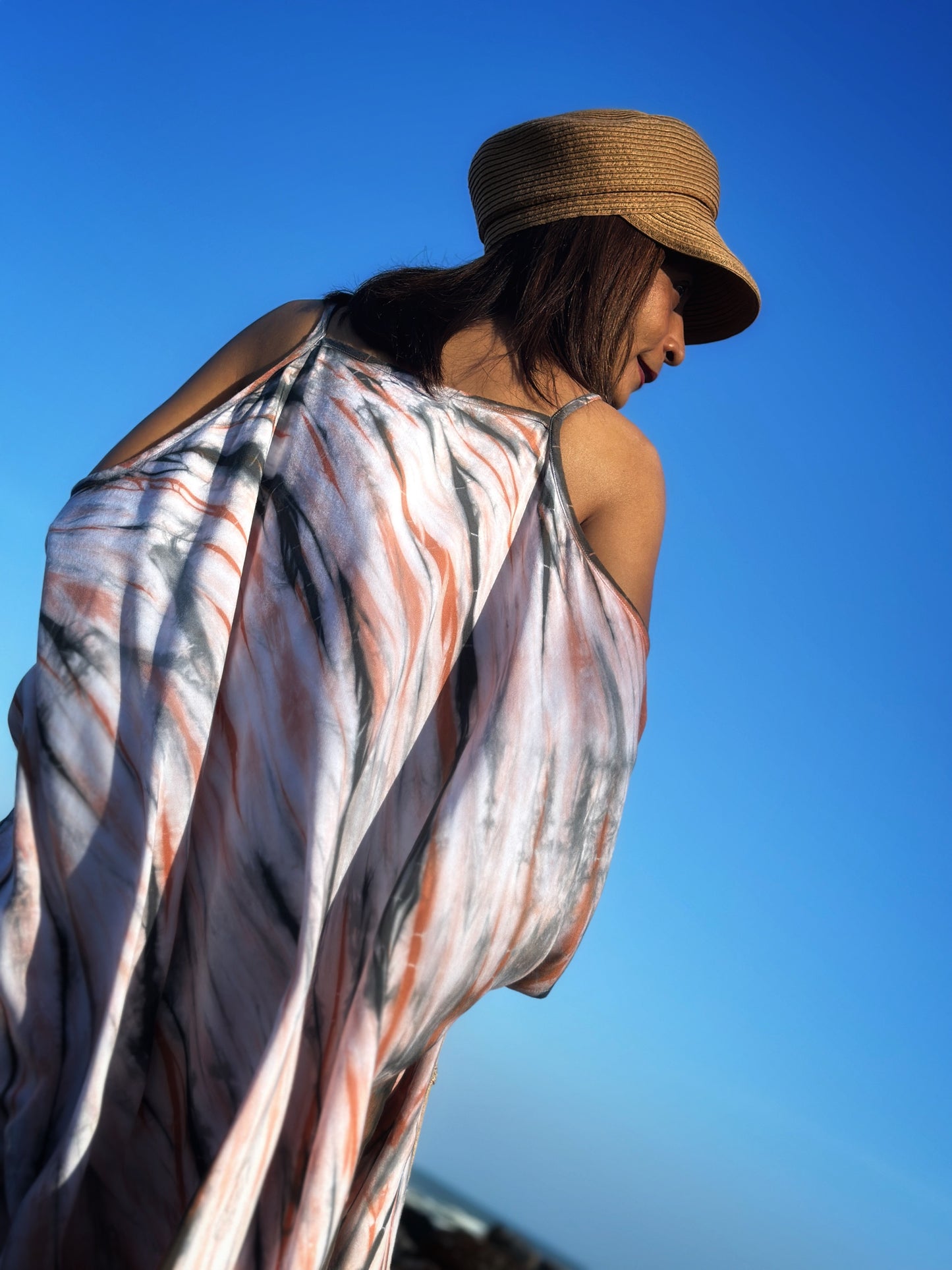 Tie dye kaftan dress with earth tones.  Unique, shibori caftan dress by Nuichan