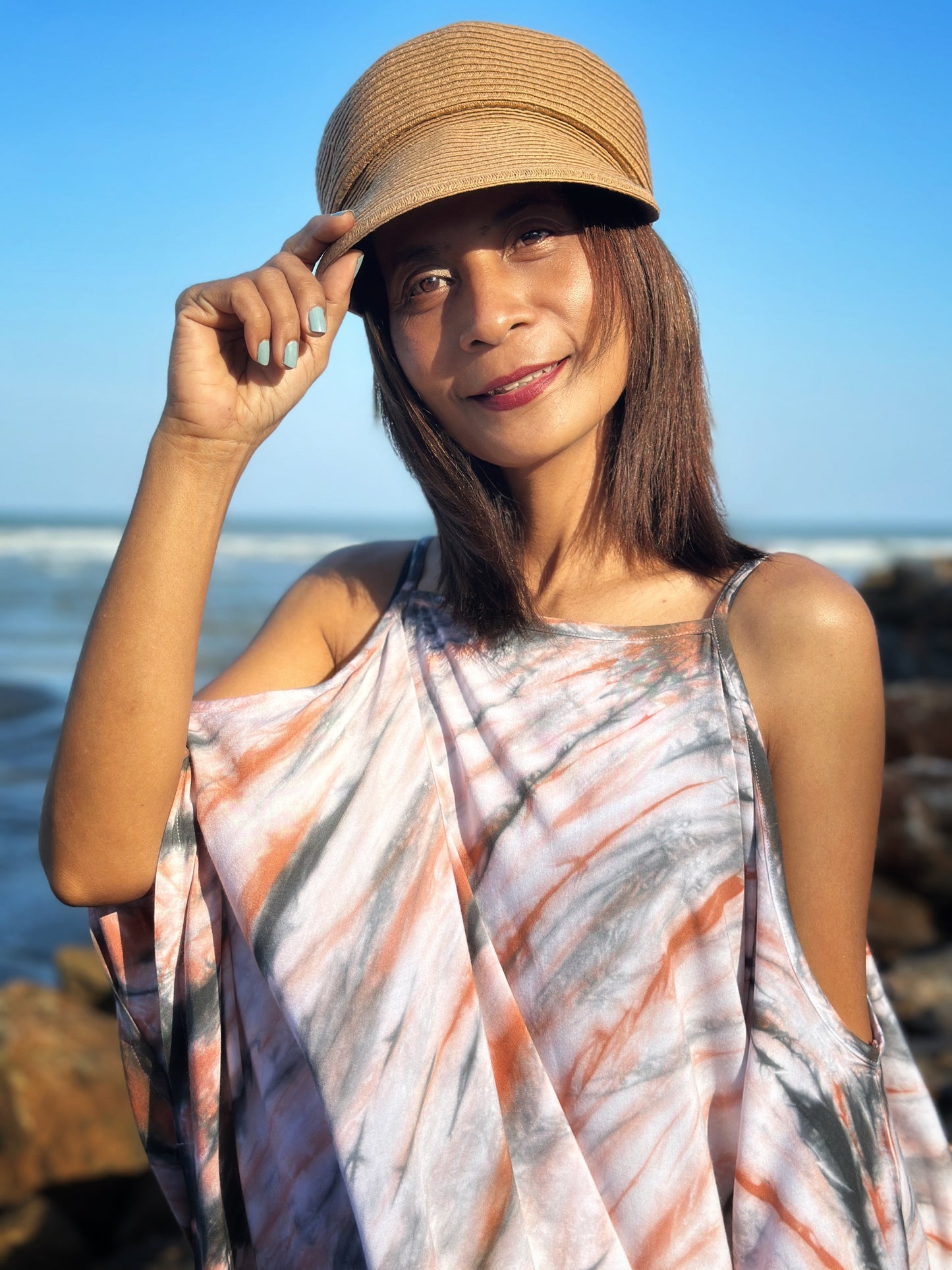 Shibori Tie dye dress with earth tones.  Unique, caftan dress by Nuichan