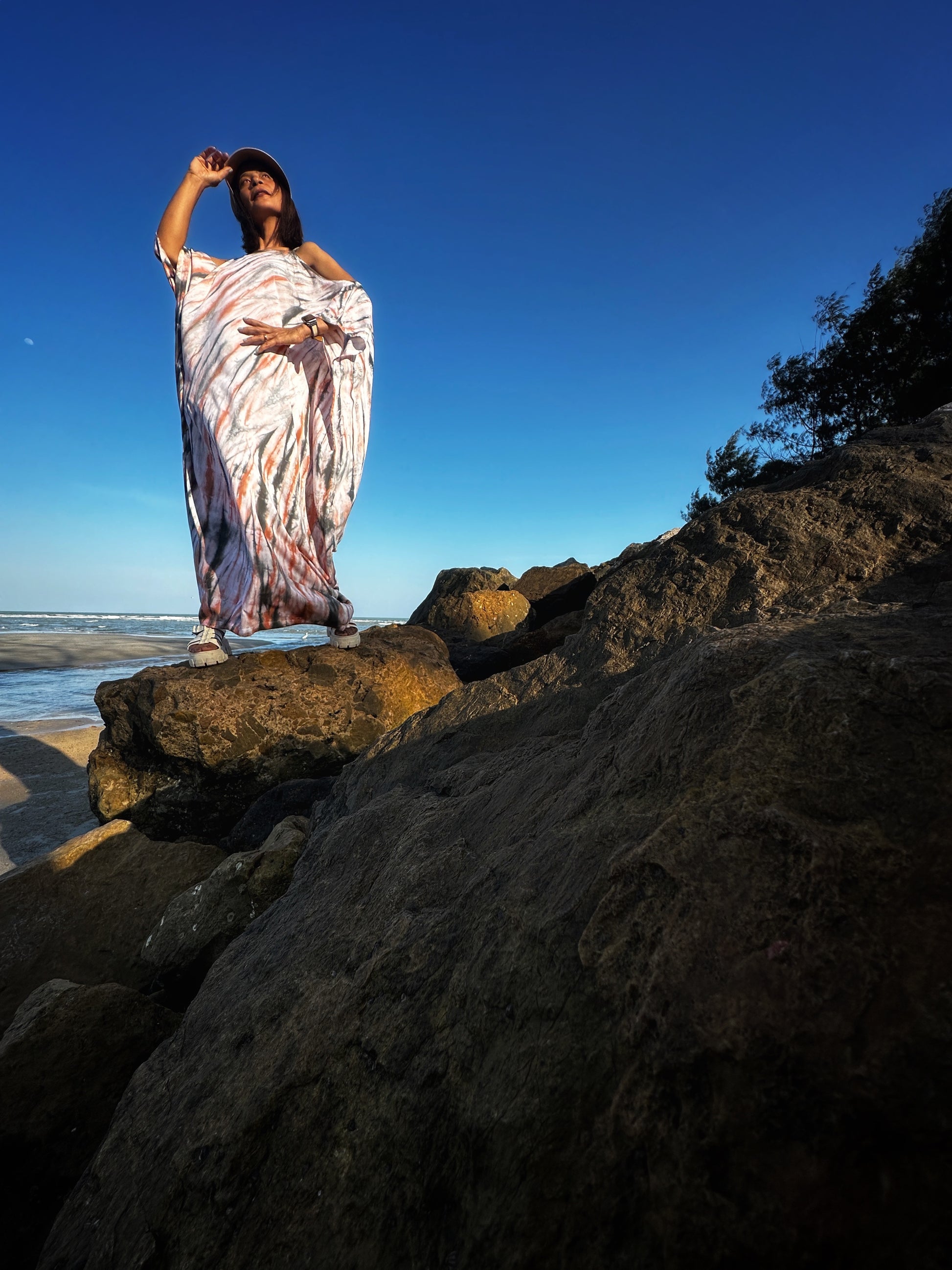 Shibori Tie dye caftan with earth tones.  Unique, kaftan dress by Nuichan