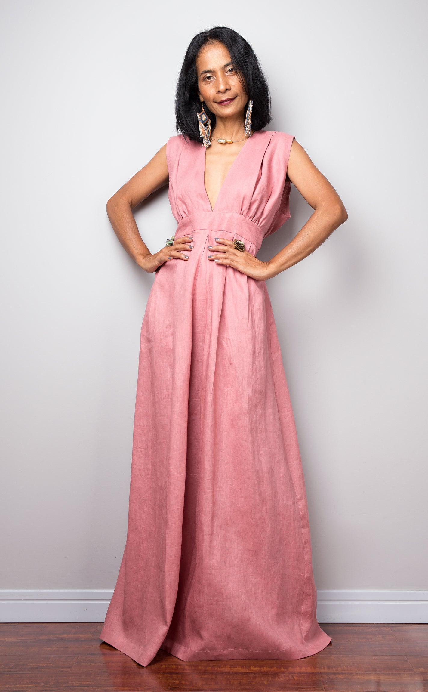 Pink Sleeveless Linen dress. Full length maxi dress by Nuichan