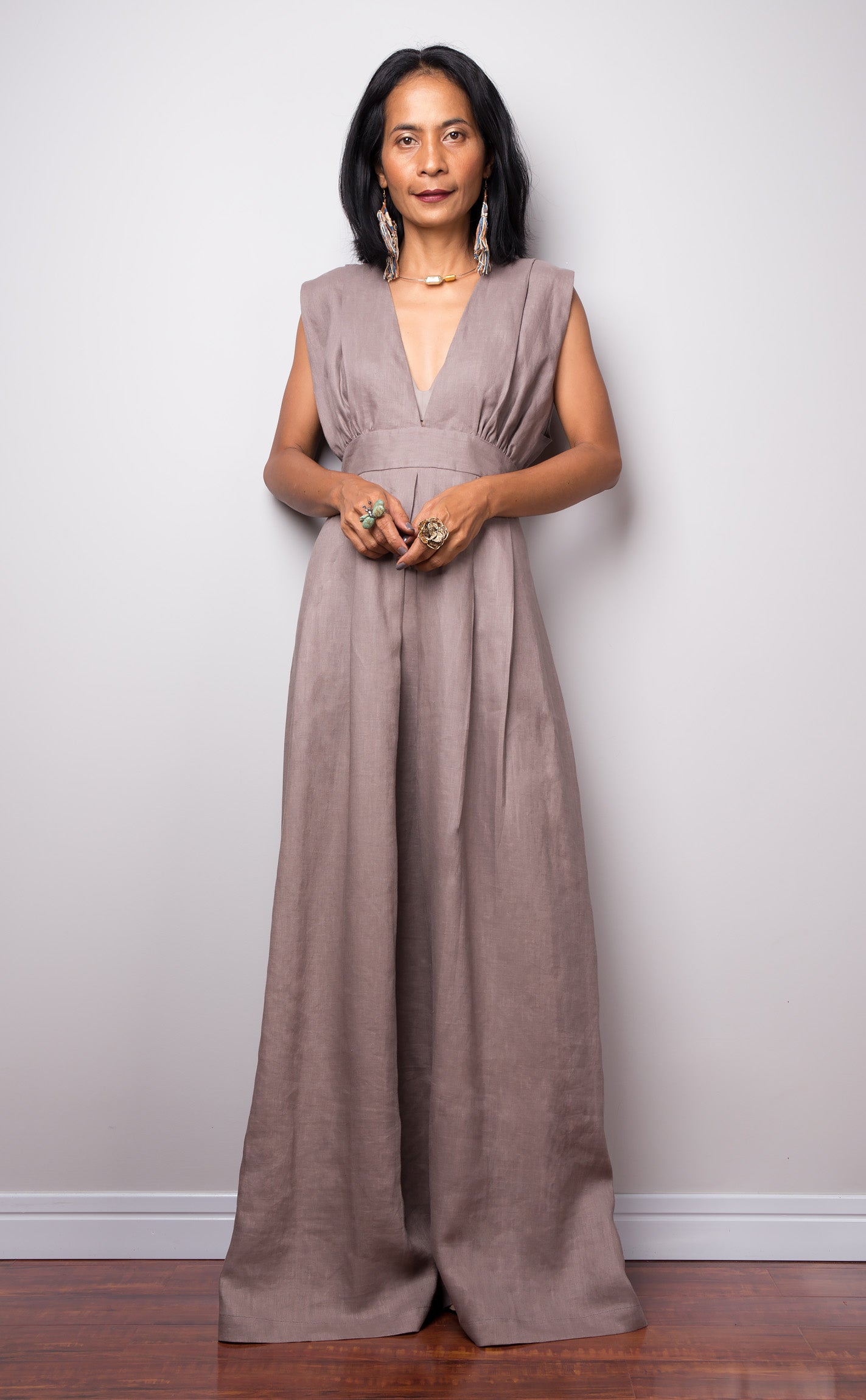 Taupe sleeveless dress with plunging neckline.  High waist design by Nuichan