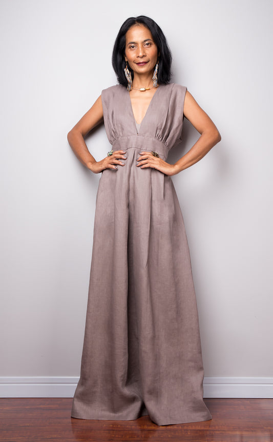 Taupe sleeveless linen dress with plunging neckline.  High waist design by Nuichan. Front view.