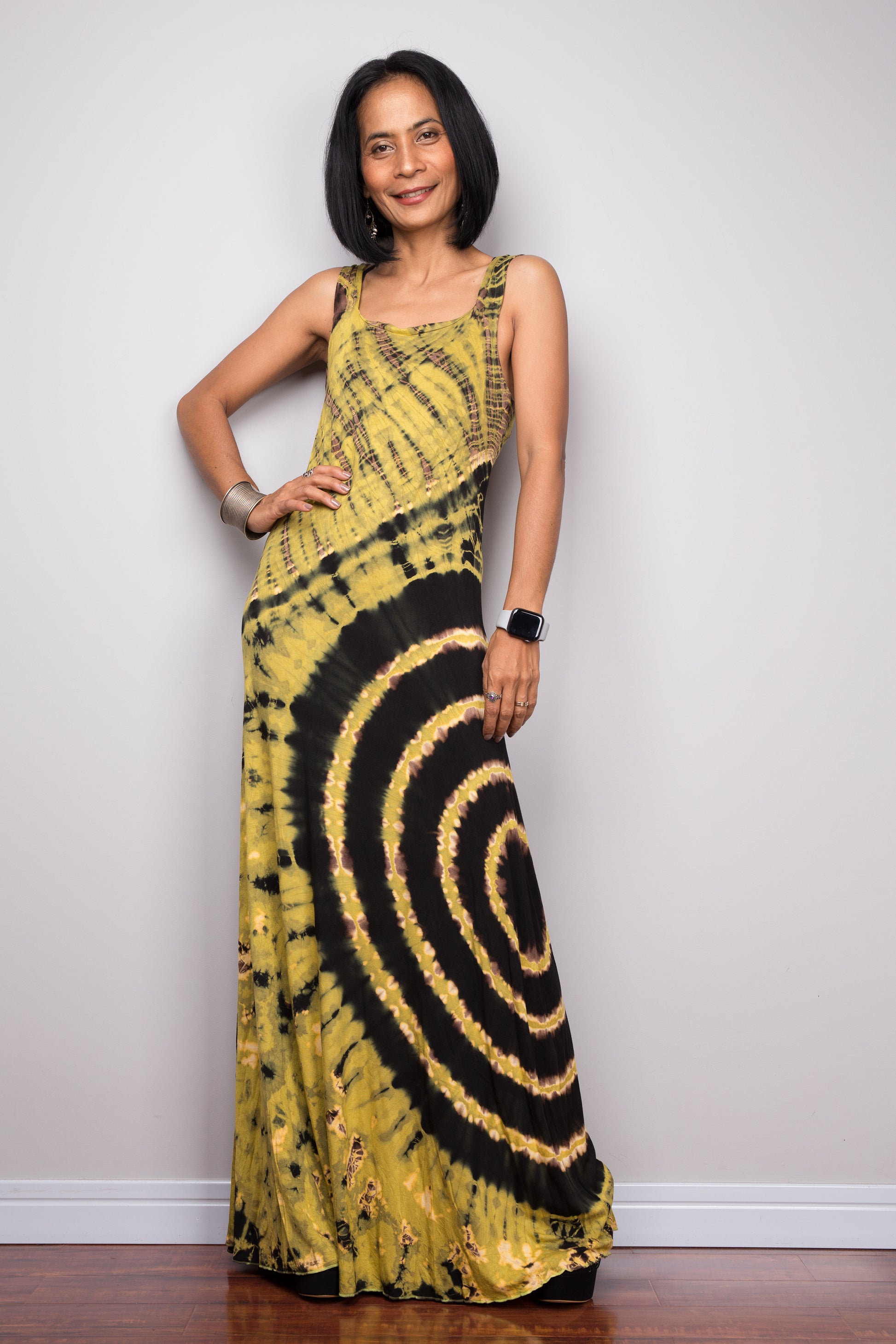 Sleeveless tie dye maxi dress.  Body con style halter dress with open back