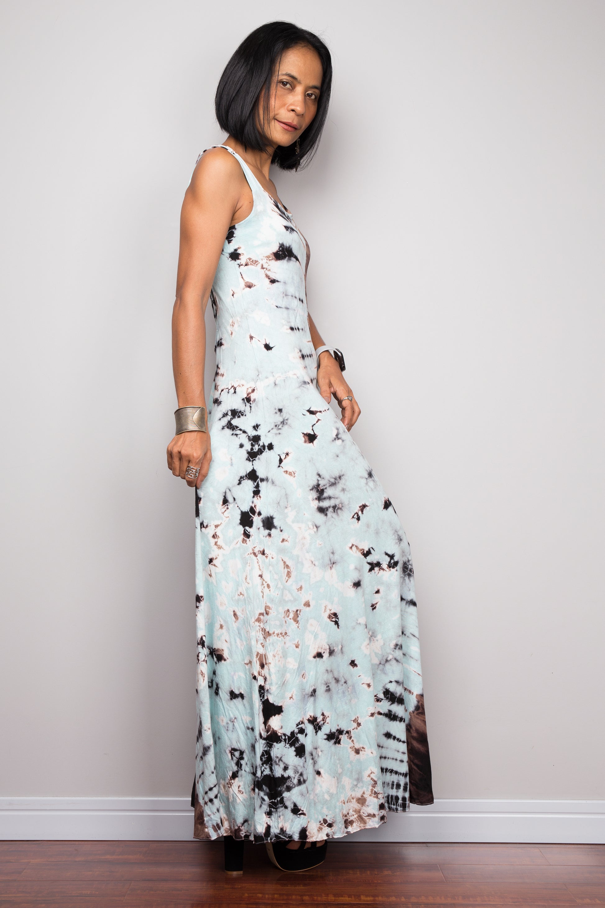 Blue and black tie dye dress, sleeveless body con style dress