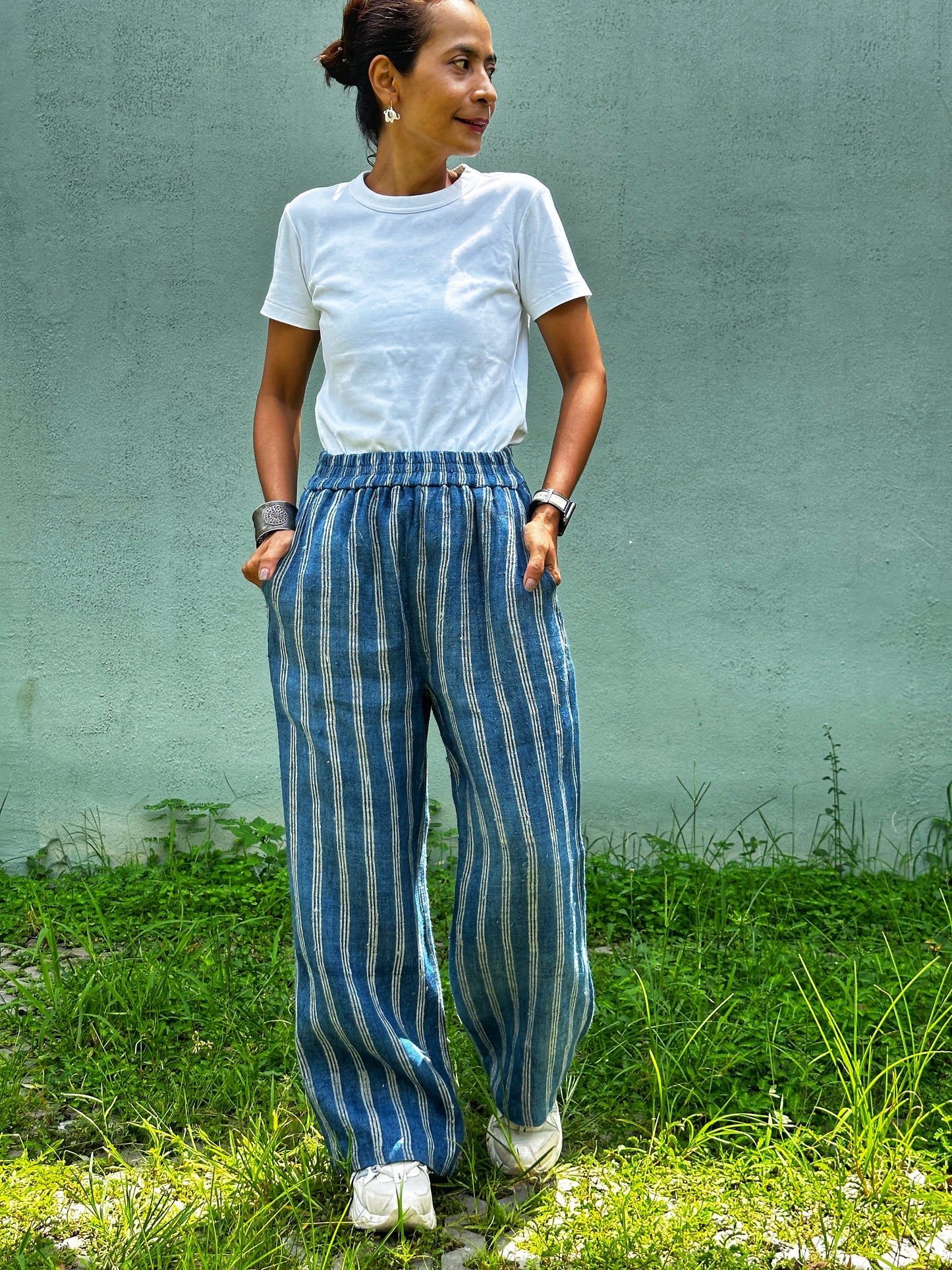 Blue and white striped pants.  Handwoven hemp trousers by Nuichan