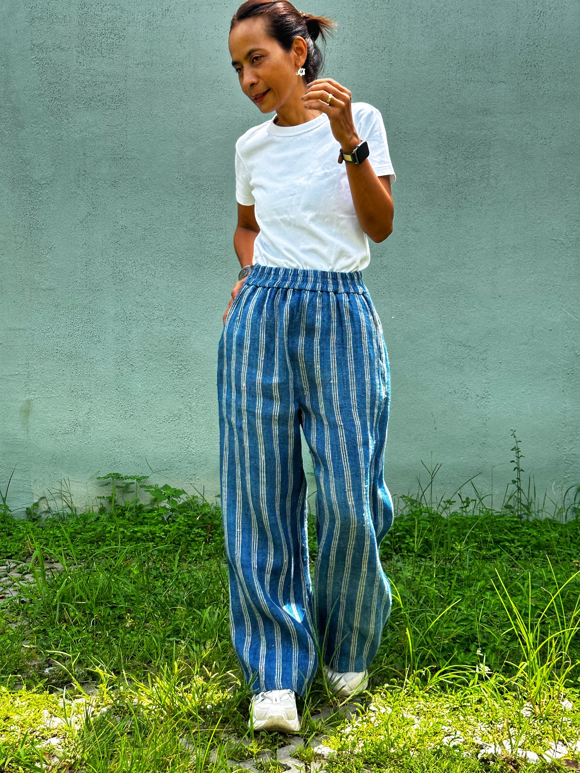 Blue and white striped trousers.  handwoven hemp pants by Nuichan