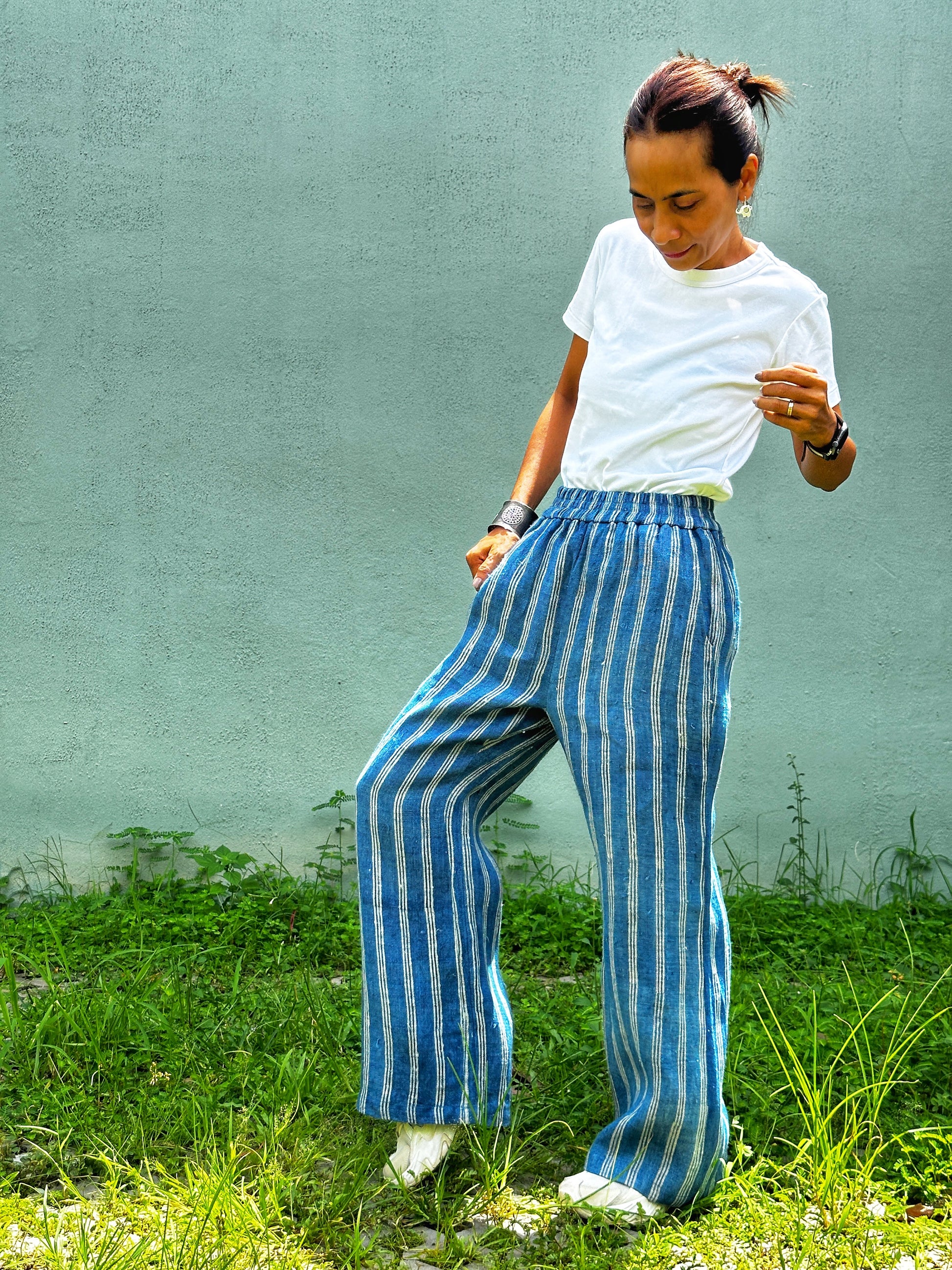 Striped hemp pants.  Blue trousers with pockets by Nuichan