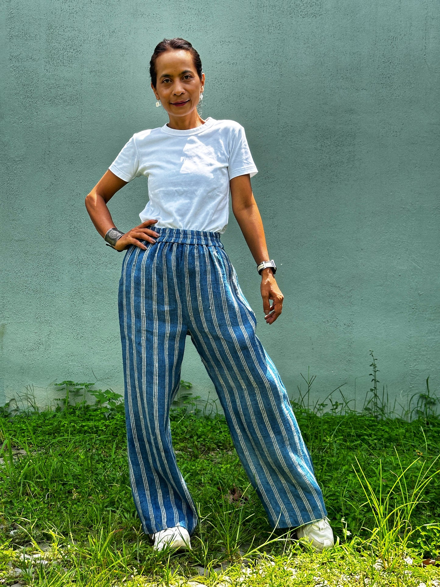 Handwoven hemp trousers.  Blue and white striped pants by Nuichan