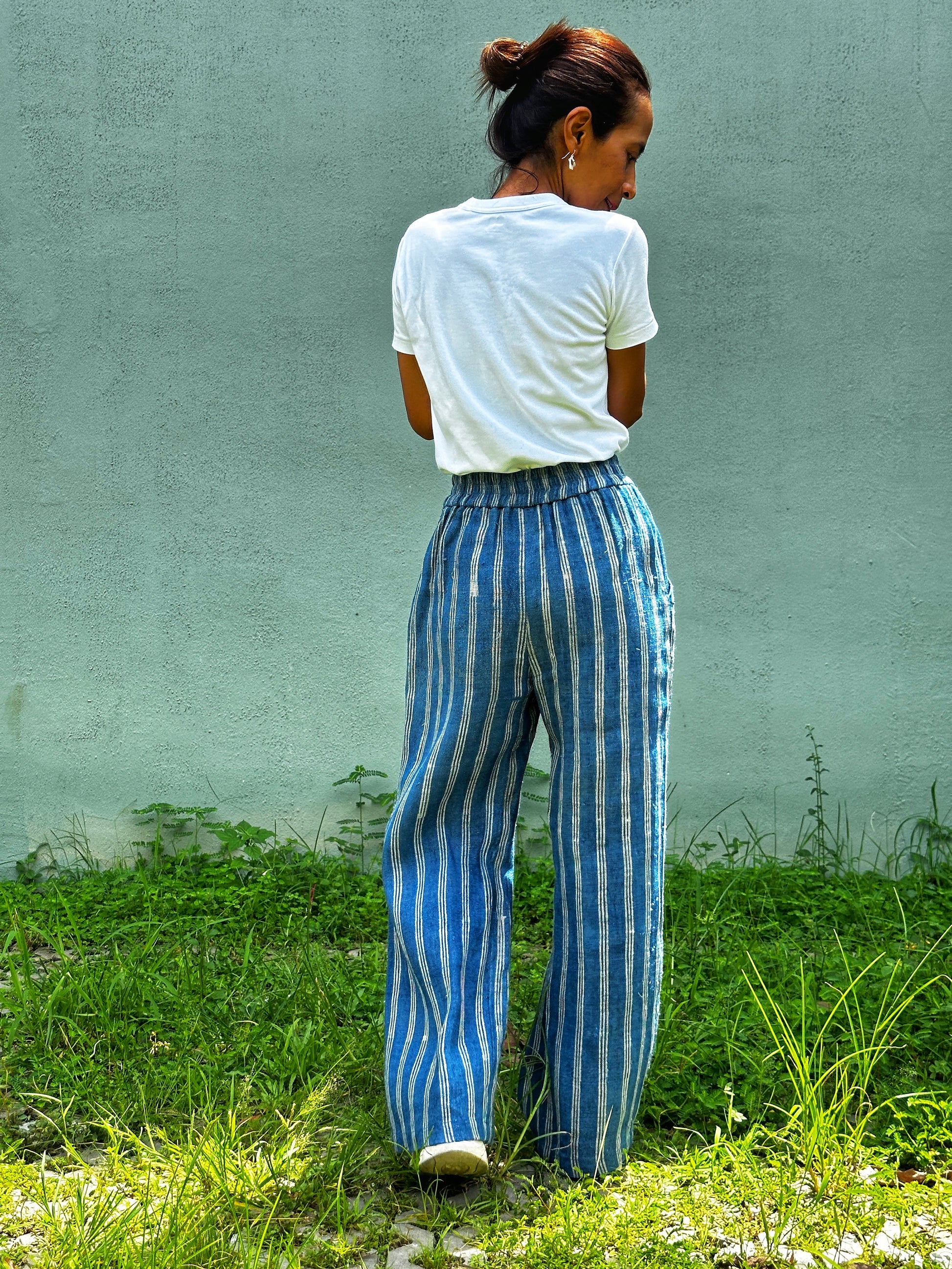 Striped hemp trousers by Nuichan.  Blue and white striped pants