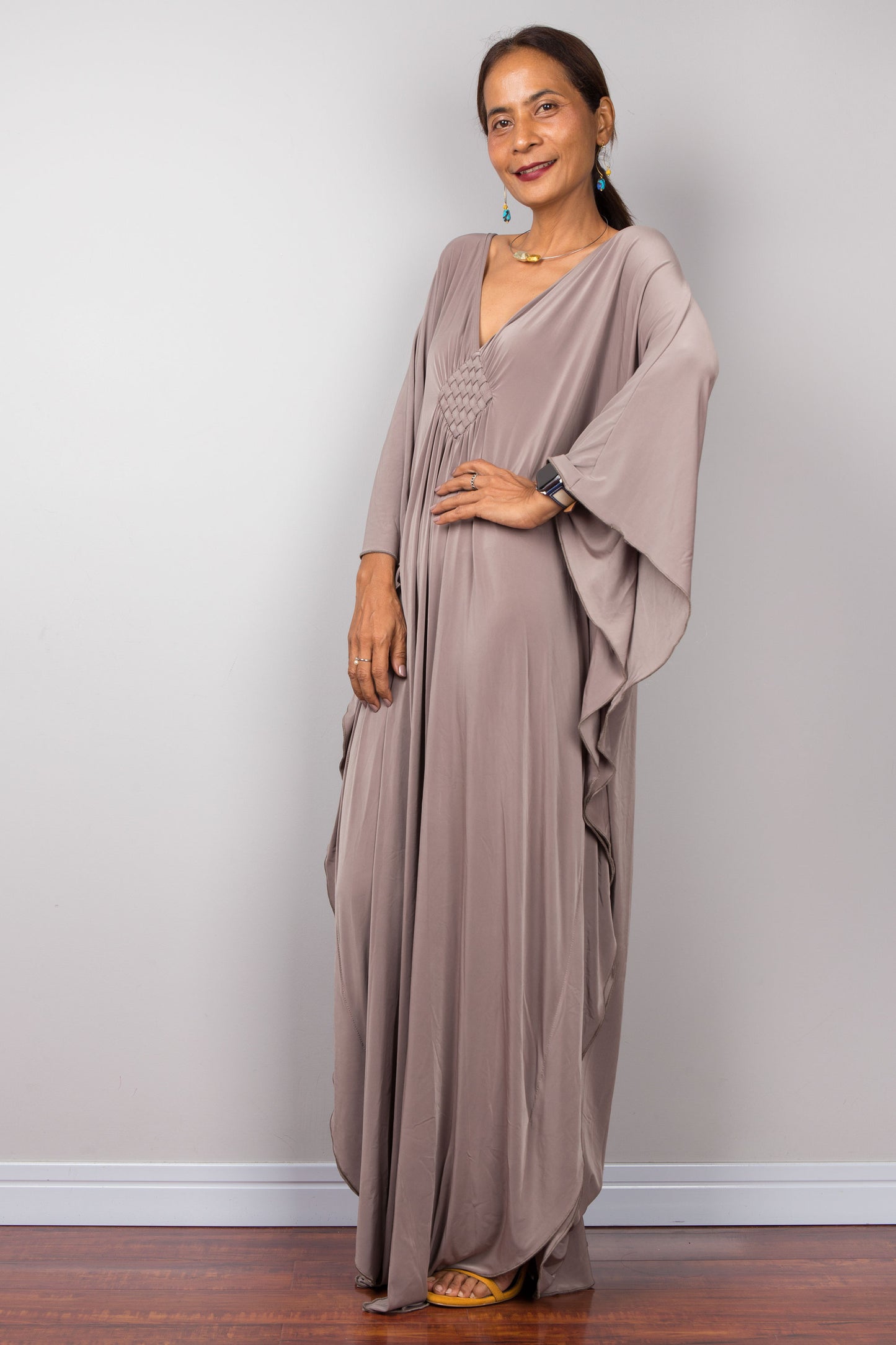 Long taupe maxi dress by Nuichan - side view