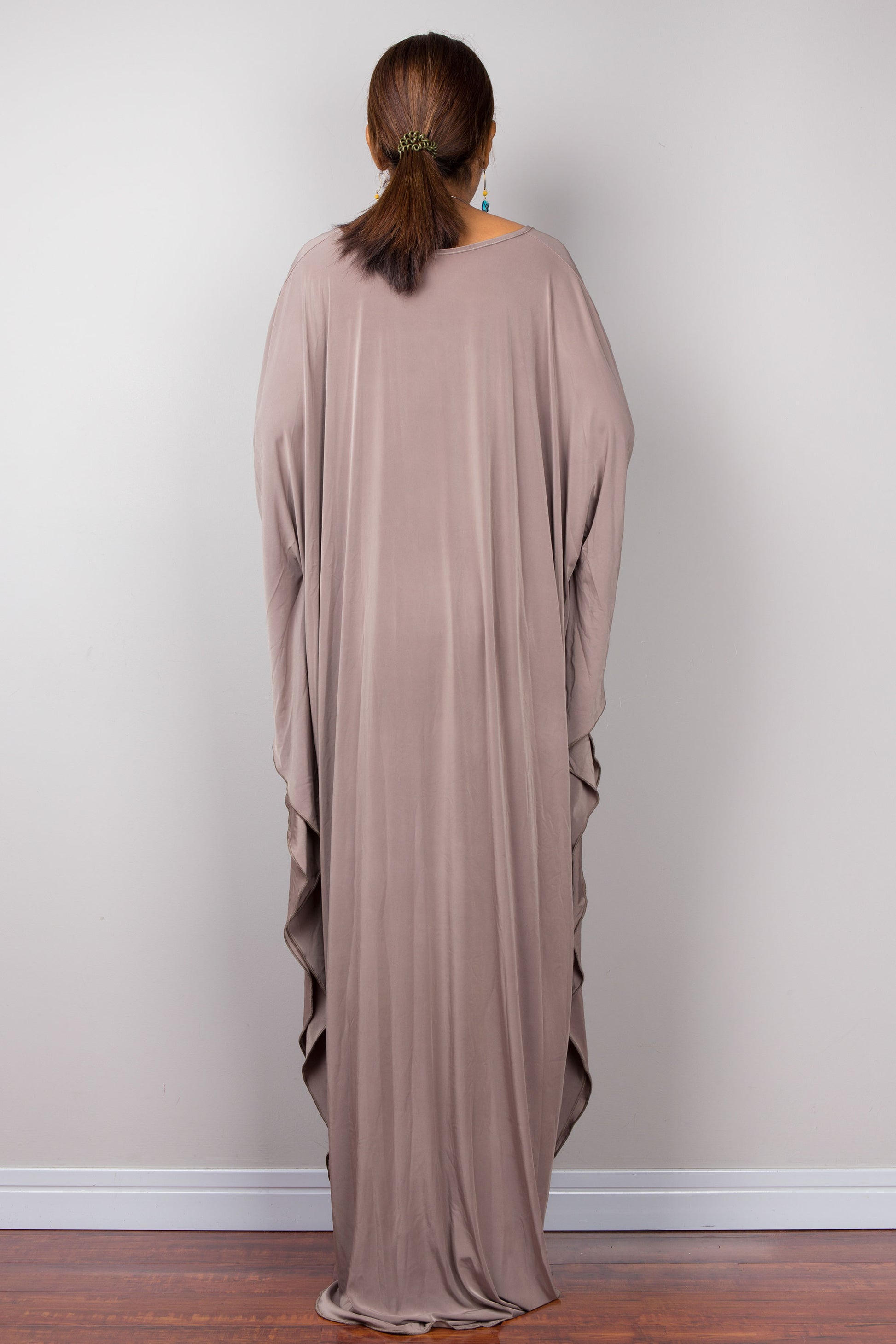 Taupe kaftan dress by Nuichan - back view