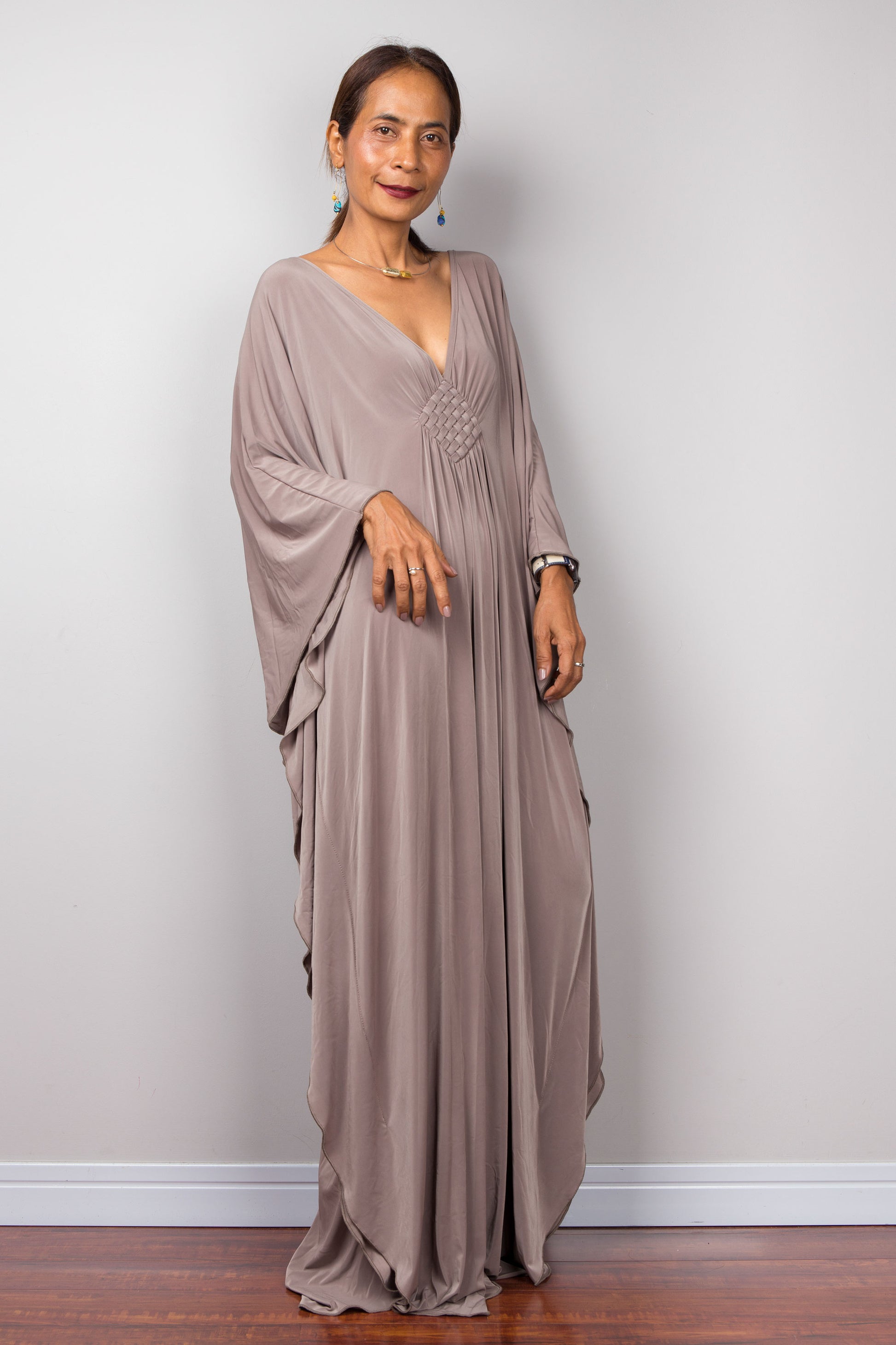 Taupe batwing caftan dress by Nuichan