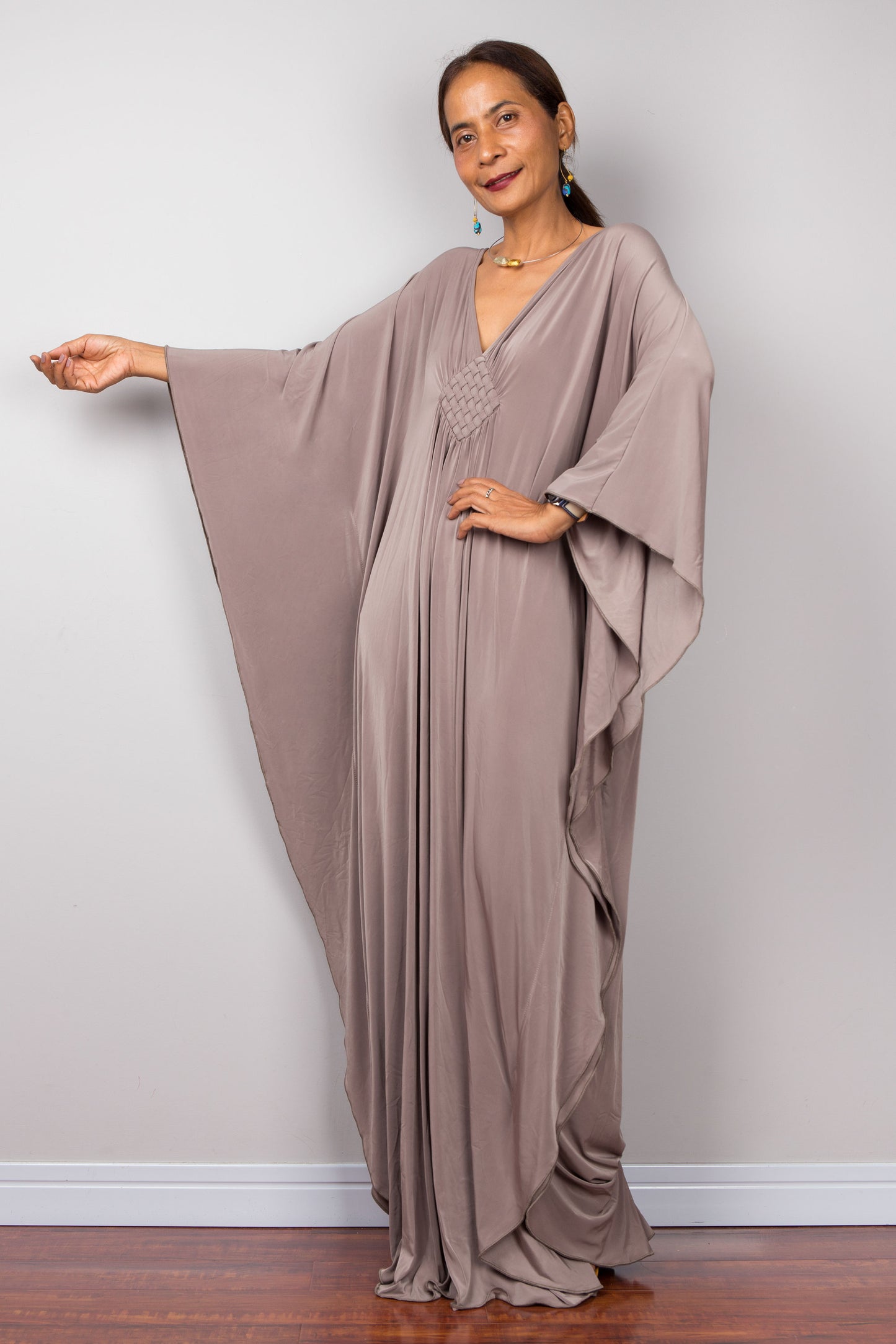 Taupe kaftan maxi dress by Nuichan. Batwing styled caftan