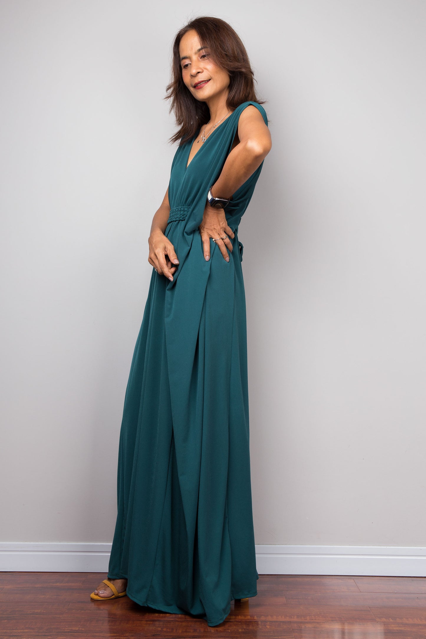 Teal kaftan maxi dress with v neck and braided detail on the waist. Batwing sleeve dress - side view