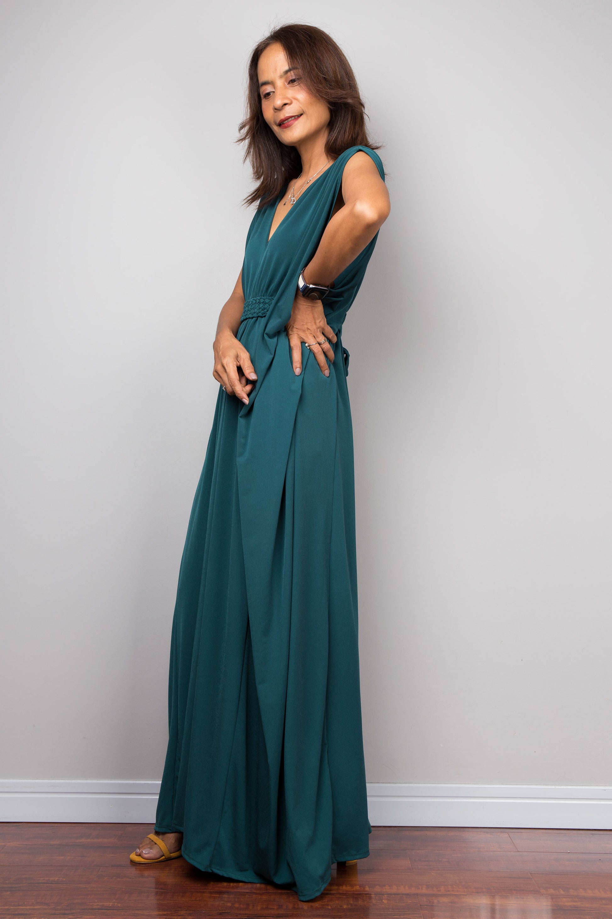 Teal kaftan maxi dress with v neck and braided detail on the waist. Batwing sleeve dress - side view