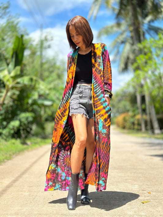 Tie dye duster. Hippie cardigan with pockets. Rainbow coloured duster