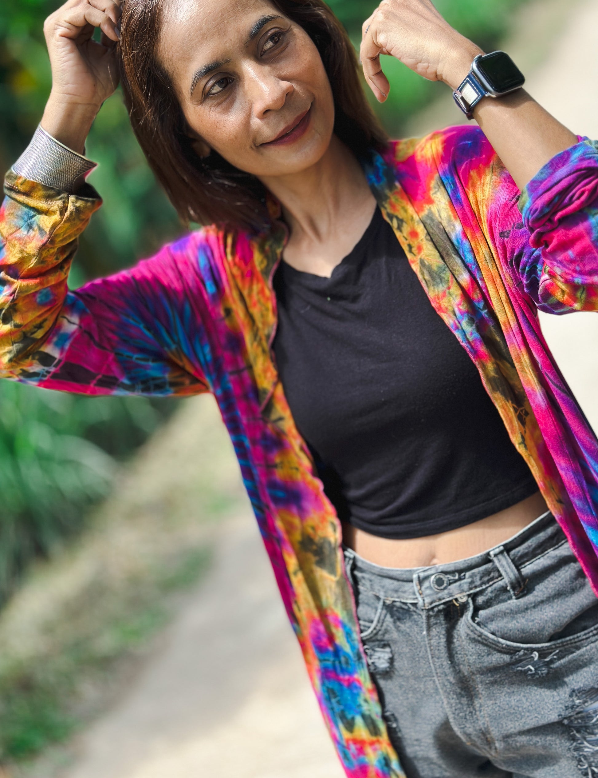 Tie dye cardigan. Hippie cardigan with pockets. Pink Rainbow coloured duster