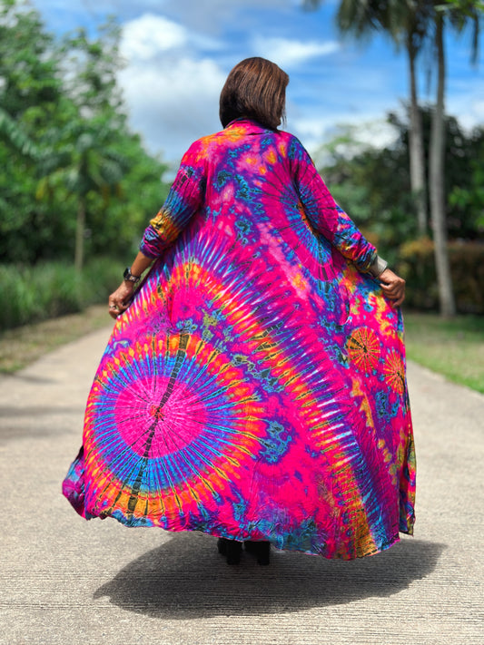 Tie dye cardigan. Hippie cardigan with pockets. Pink Rainbow coloured duster