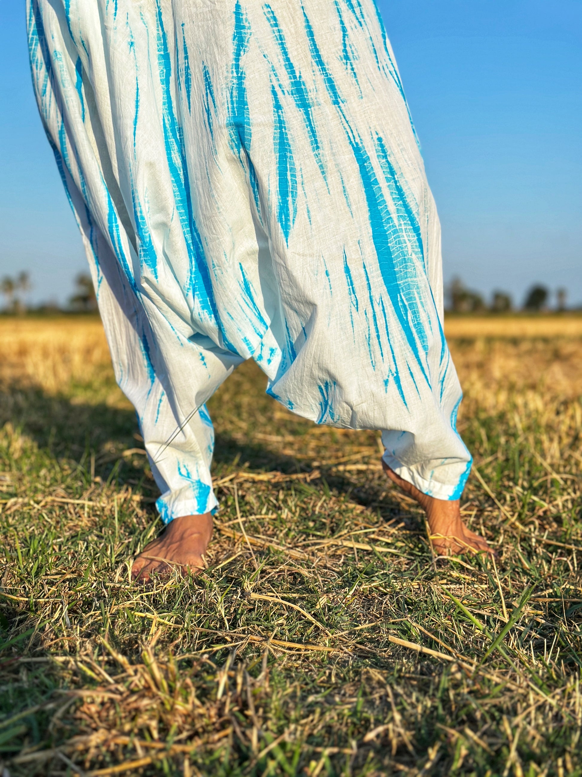 Tie dye harem pants by Nuichan.  Shibori tie dye cotton pants in light blue