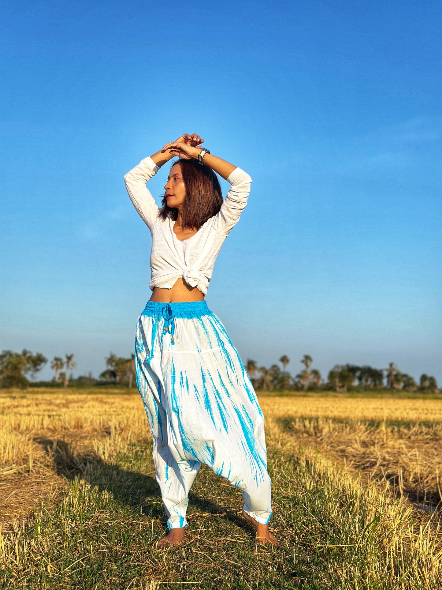 Tie dye pants by Nuichan.  Shibori tie dye trousers in light blue