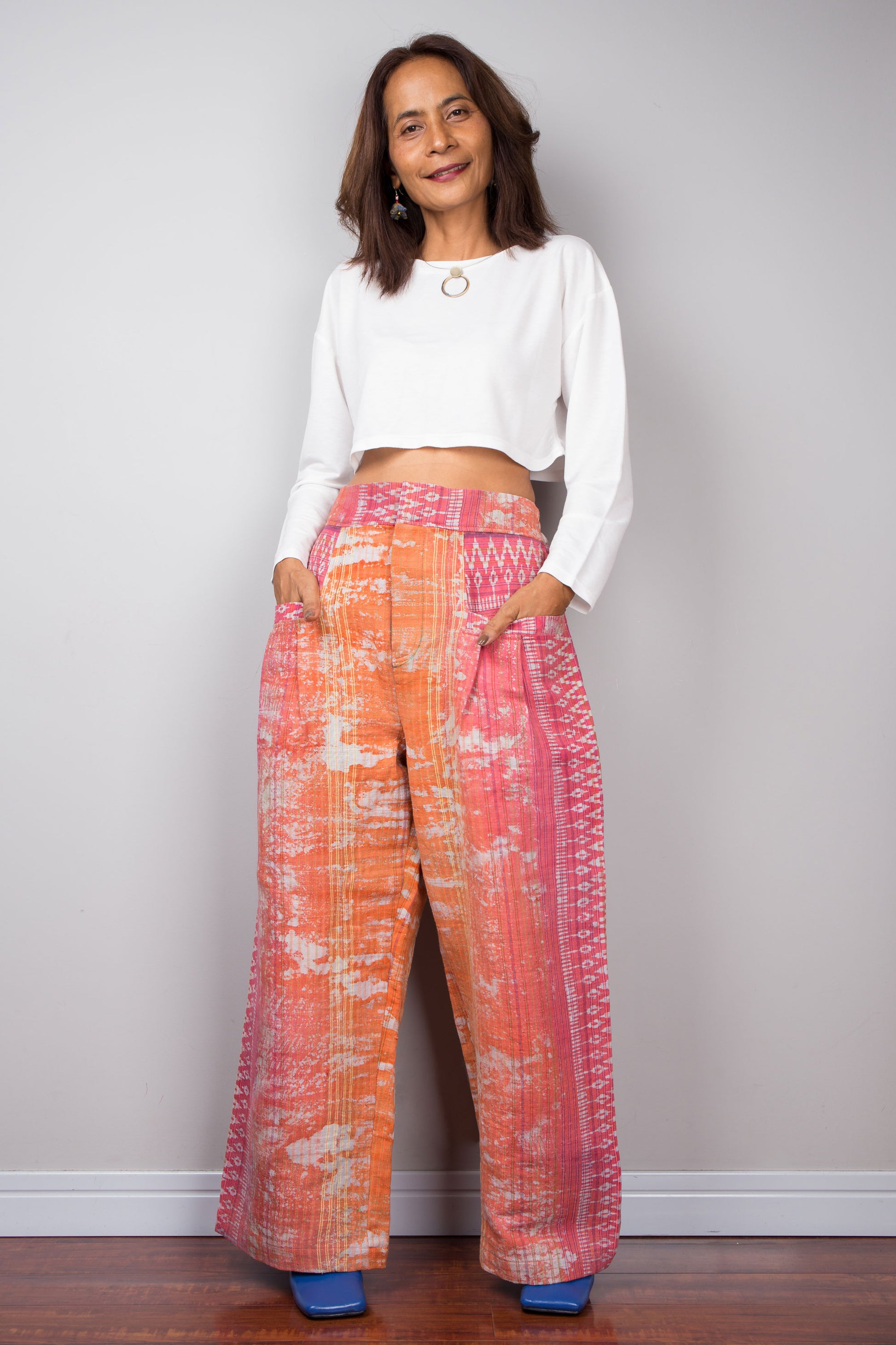 Orange tie dye trousers.  Handwoven hemp pants by Nuichan