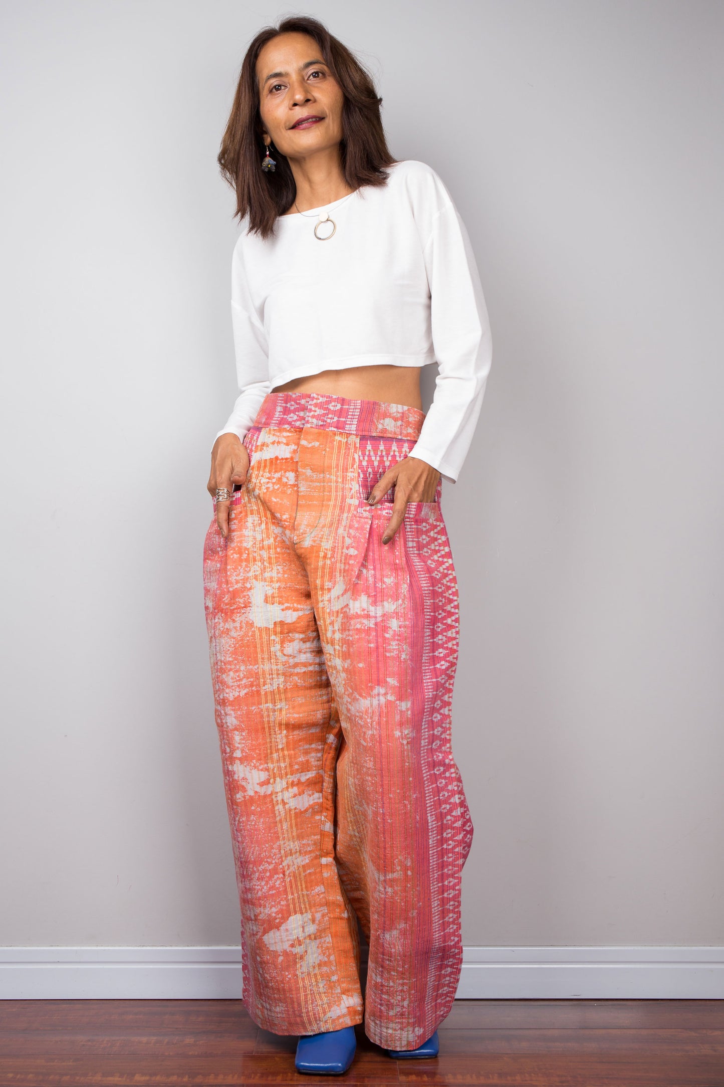 Orange tie dye pants by Nuichan.  Handwoven hemp trousers.